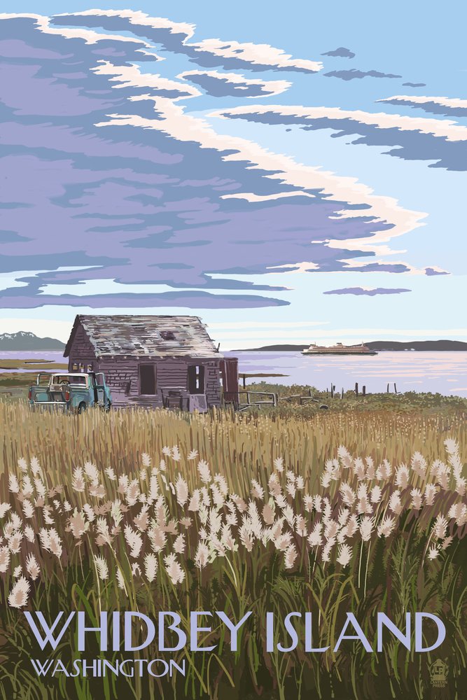 Whidbey Island Washington Farm and Ferry Scene 46731 - 24x36 Signed Art Print, Wall Decor Poster - Perfect for Living Room, Bedroom, or Office