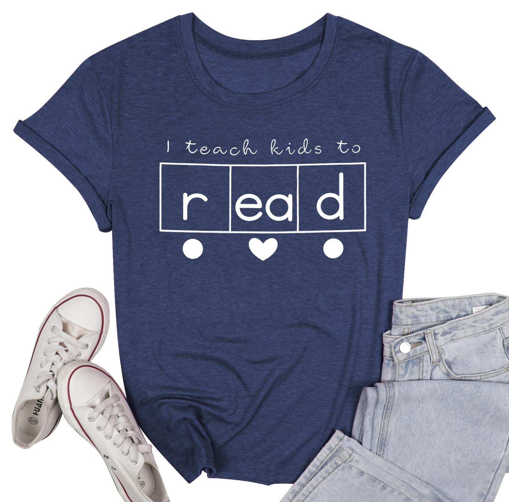 Women's Cute Teacher Shirts with Book & Heart Graphic - Short Sleeve Casual T-Shirts for Educators - Perfect Teacher Appreciation Gift & Summer Classroom Outfit