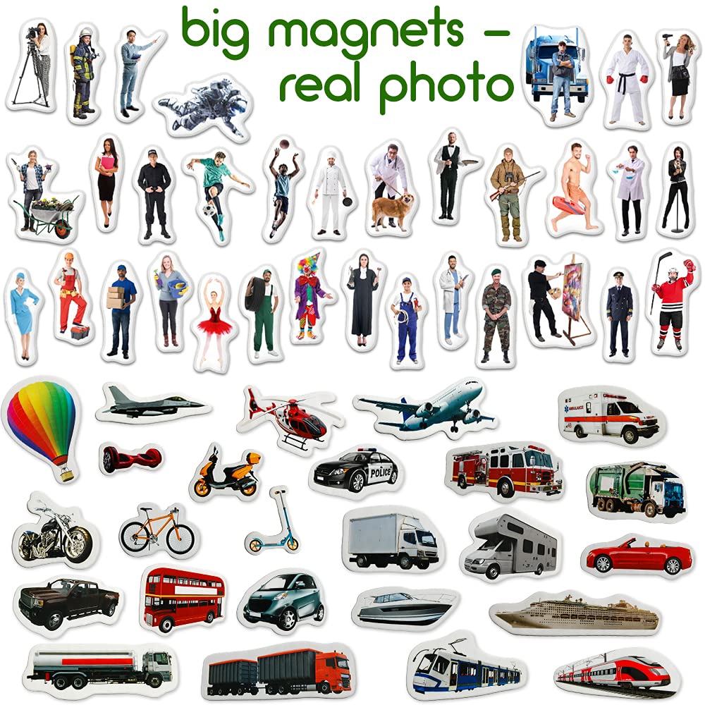 Magdum 58-Piece Large Fridge Magnets Set for Kids - Transportation & Professions Theme - Educational Magnetic Games for Children - Perfect for Learning, Playrooms & Travel Activities