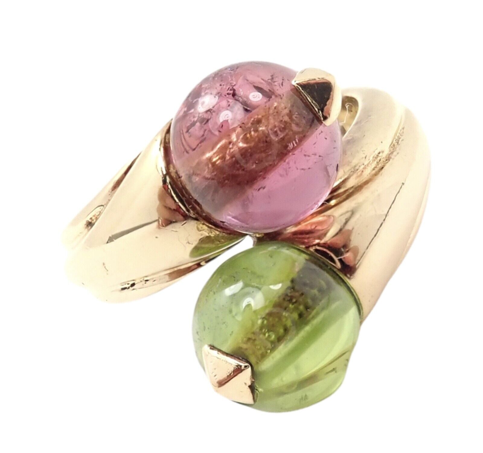 Vintage Bulgari Bvlgari 18k Yellow Gold Pink & Green Tourmaline Bypass Ring - Luxury Jewelry for Women, Elegant Gift for Anniversary & Special Occasions