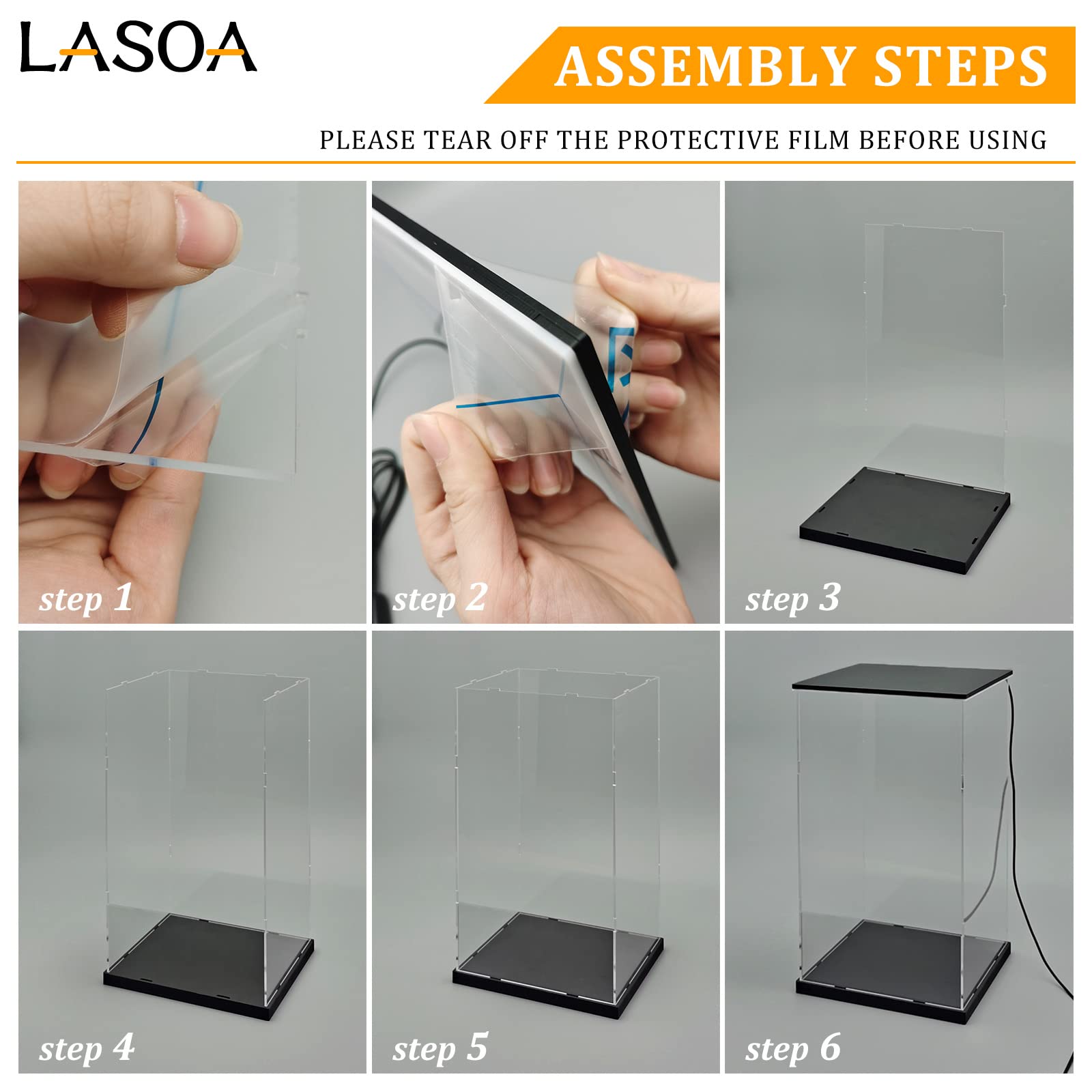LASOA Acrylic Display Case with LED Lights - 6x6x10 Inch Clear Collectible Showcase Box with Black Base & Lid for Action Figures, Funko Pops, Memorabilia - Perfect for Home Decor, Office Display & Gift Packaging