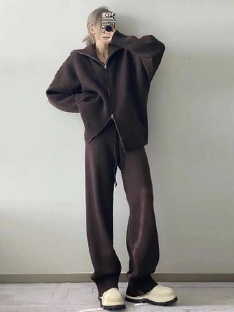 Women's Knitted Two-Piece Set - Beige & Brown Zipper Sweater Top with High Waist Drawstring Wide Leg Pants | Fall Winter Fashion Outfit for Casual Wear, Office & Date Night