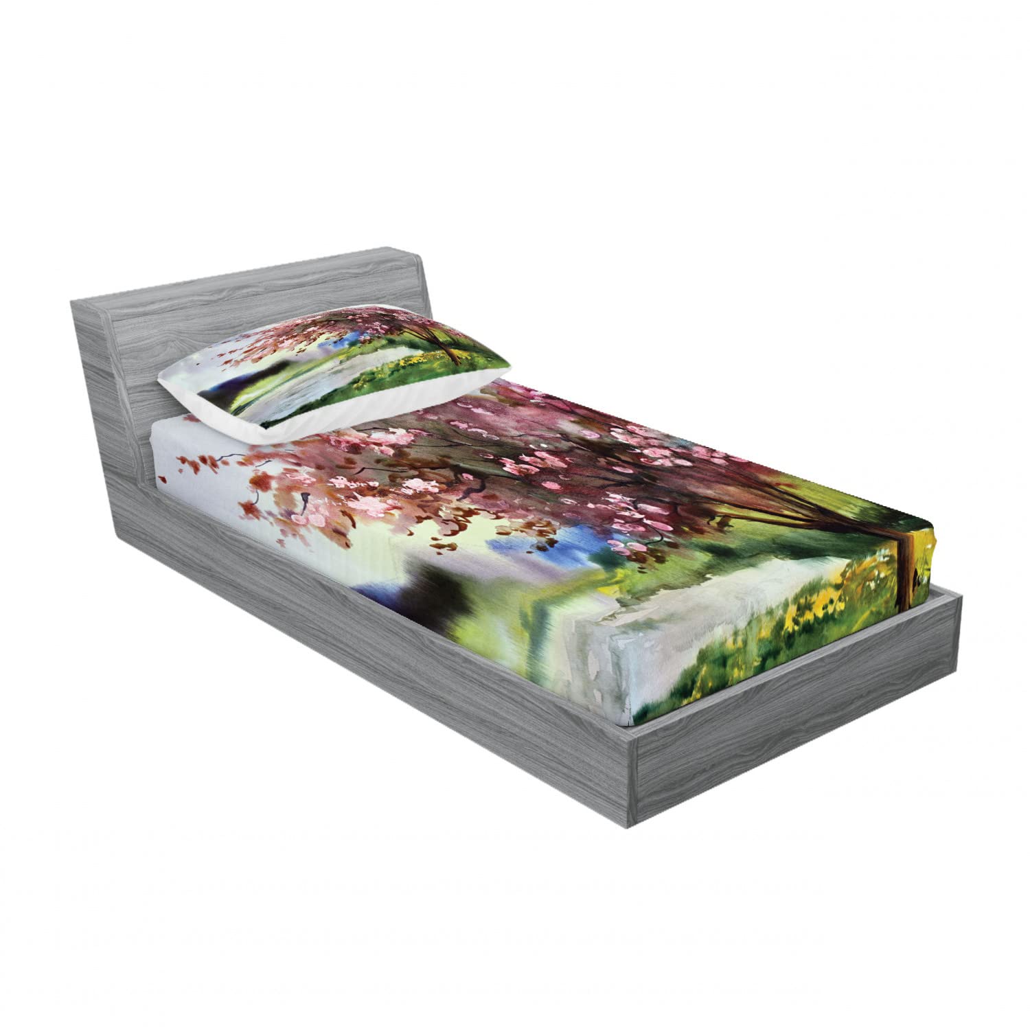 Ambesonne 2-Pack Floral Twin Fitted Sheet & Pillow Sham Set - Spring Blooming Nature Design, 4-Piece Bedding Decor (2 Fitted Sheets + 2 Pillow Covers) in Pink & Green - Perfect for Guest Rooms, Dorm Decor & Seasonal Bedroom Refresh
