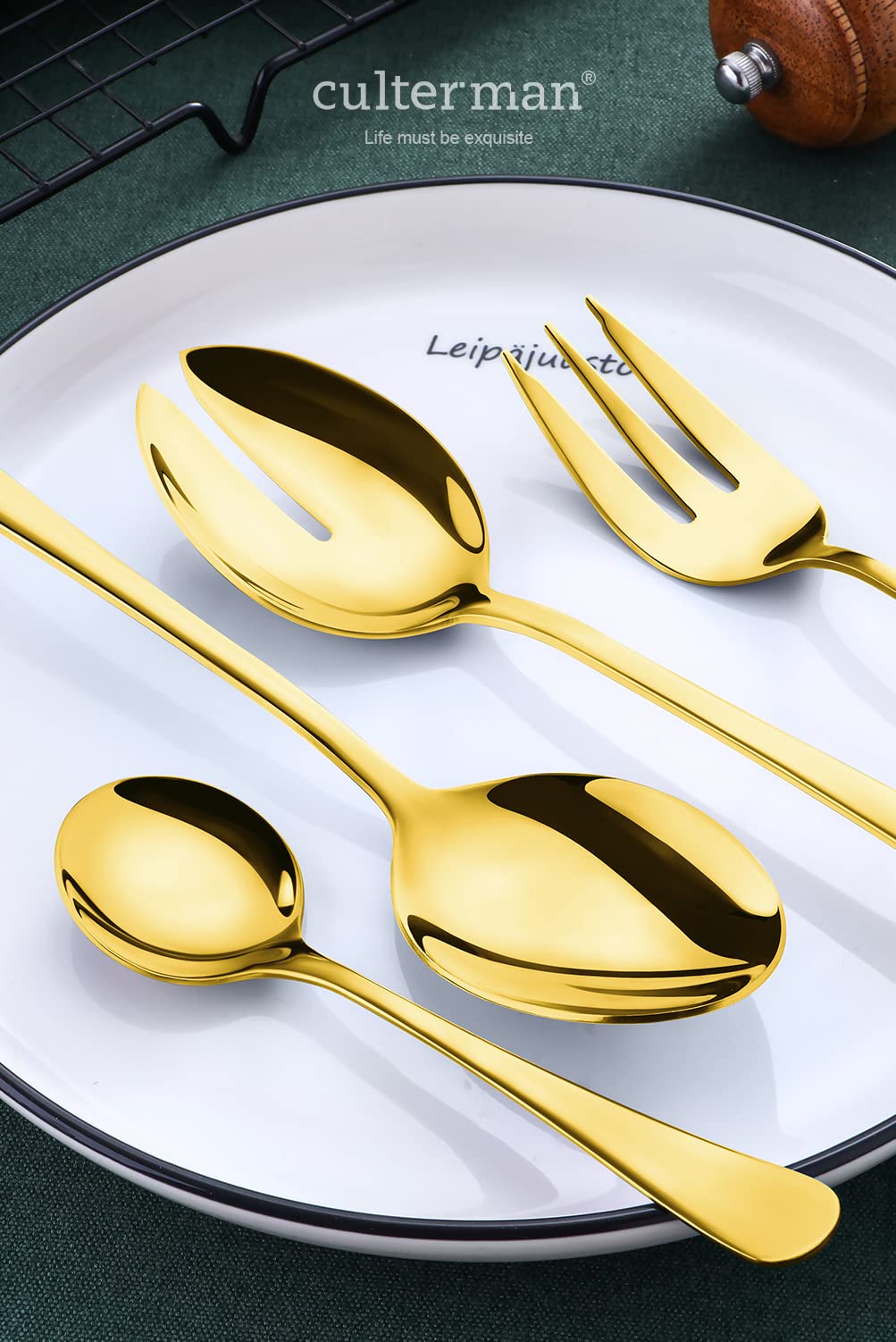 Premium 24K Gold-Plated Stainless Steel Flatware Set - 7-Piece Hostess Serving Utensils Including Salad Spoon, Fork & Knife - Elegant Dinnerware for Parties, Weddings & Formal Dining - Dishwasher Safe Luxury Cutlery