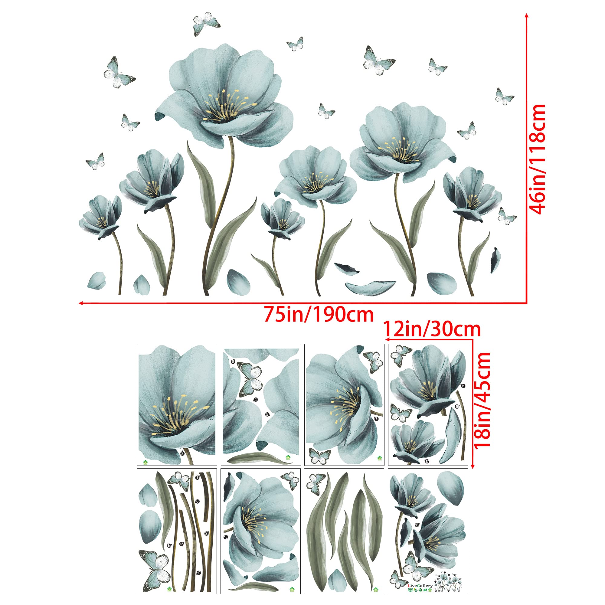 Creative Removable 3D Nursery Flower Wall Decals - DIY Romantic Floral Butterfly Leaf Wall Stickers - Kids Room Decor for Girls Bedroom, Living Room & Home - Light Green Wall Art Murals - Perfect for Nursery Decor, Baby Shower Gifts & Home Interior Design