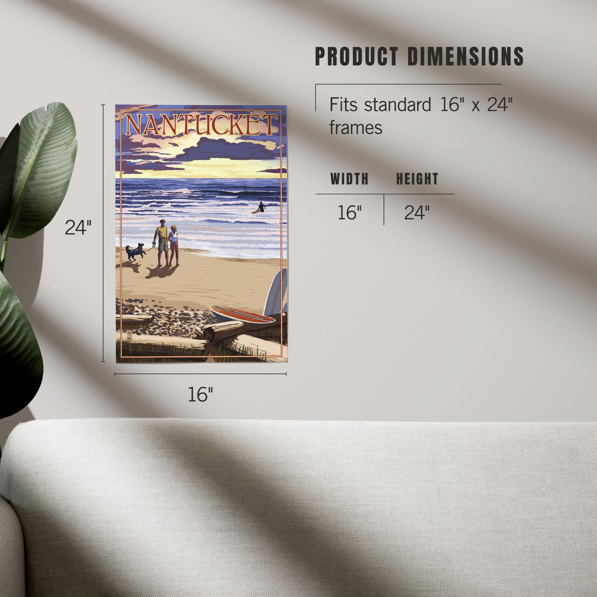 Lantern Press 16x24 Inch Giclee Art Print - Nantucket Massachusetts Sunset Beach Wall Decor - Coastal Home Decor for Living Room, Bedroom & Office
