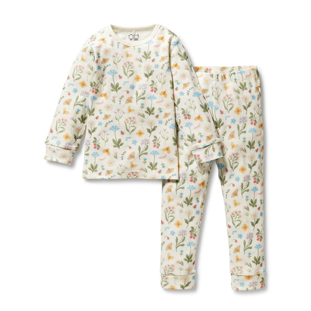 Blooming Bliss Organic Cotton Rib Long Sleeve Pajamas for Women - Soft & Comfortable Sleepwear for Winter Nights, Lounge Wear, and Relaxing at Home