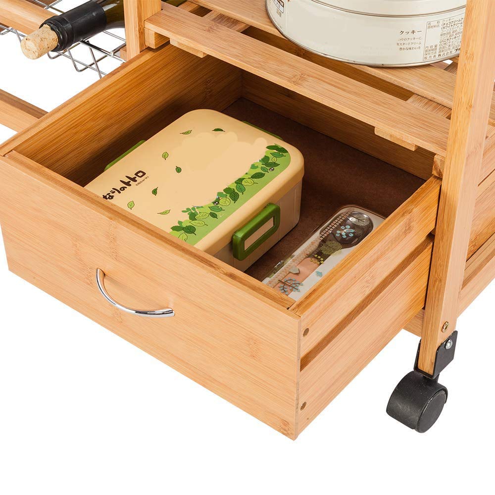 Stainless Steel Rolling Kitchen Island Cart with 3 Drawers & 3 Baskets - Wooden Mobile Serving Cart for Food & Beverages Storage - Perfect for Small Kitchens, Dining Rooms & Buffet Serving (Natural Wood Color)