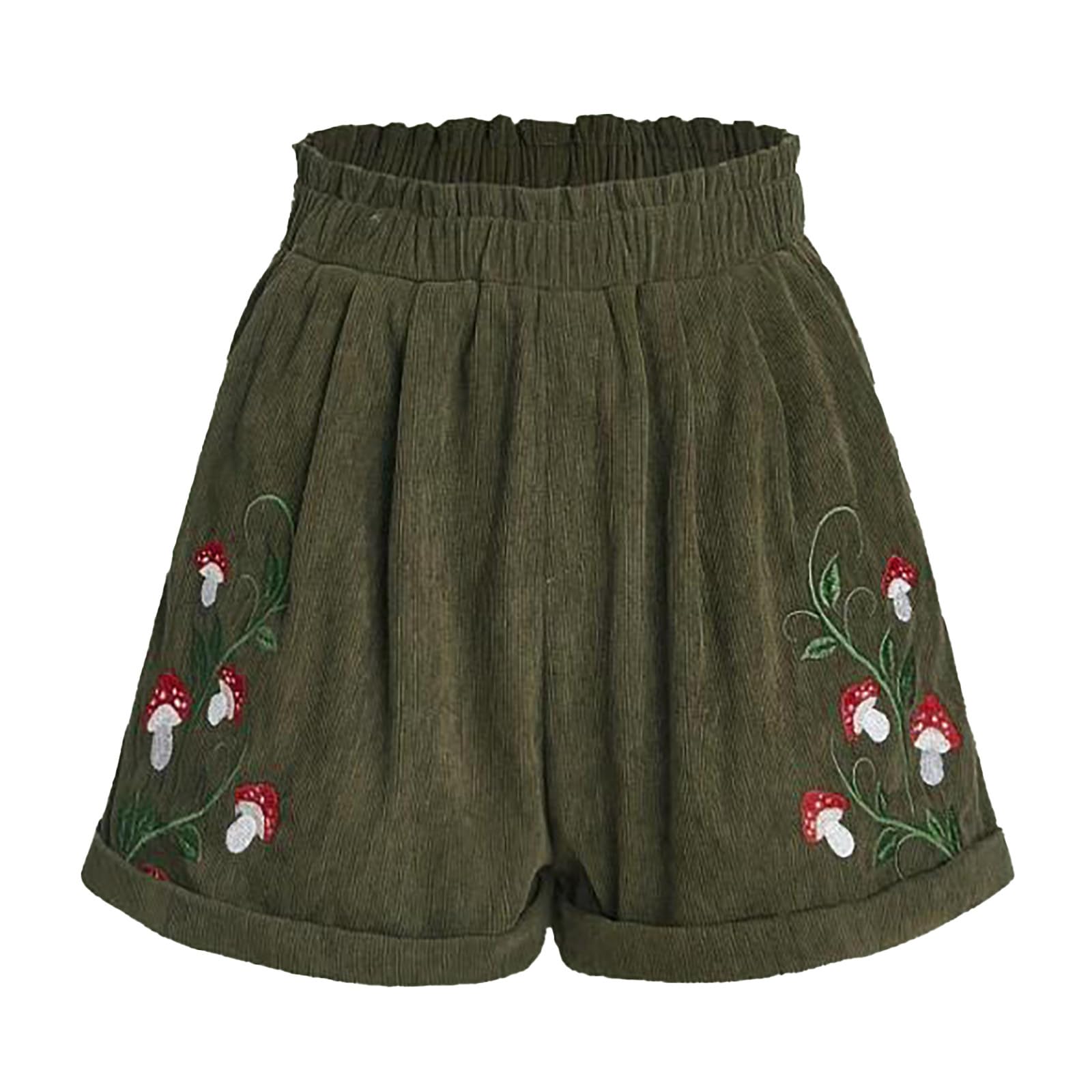 Women's Corduroy Shorts with Mushroom Embroidery - Cottagecore Summer Casual Shorts for Outdoor Adventures