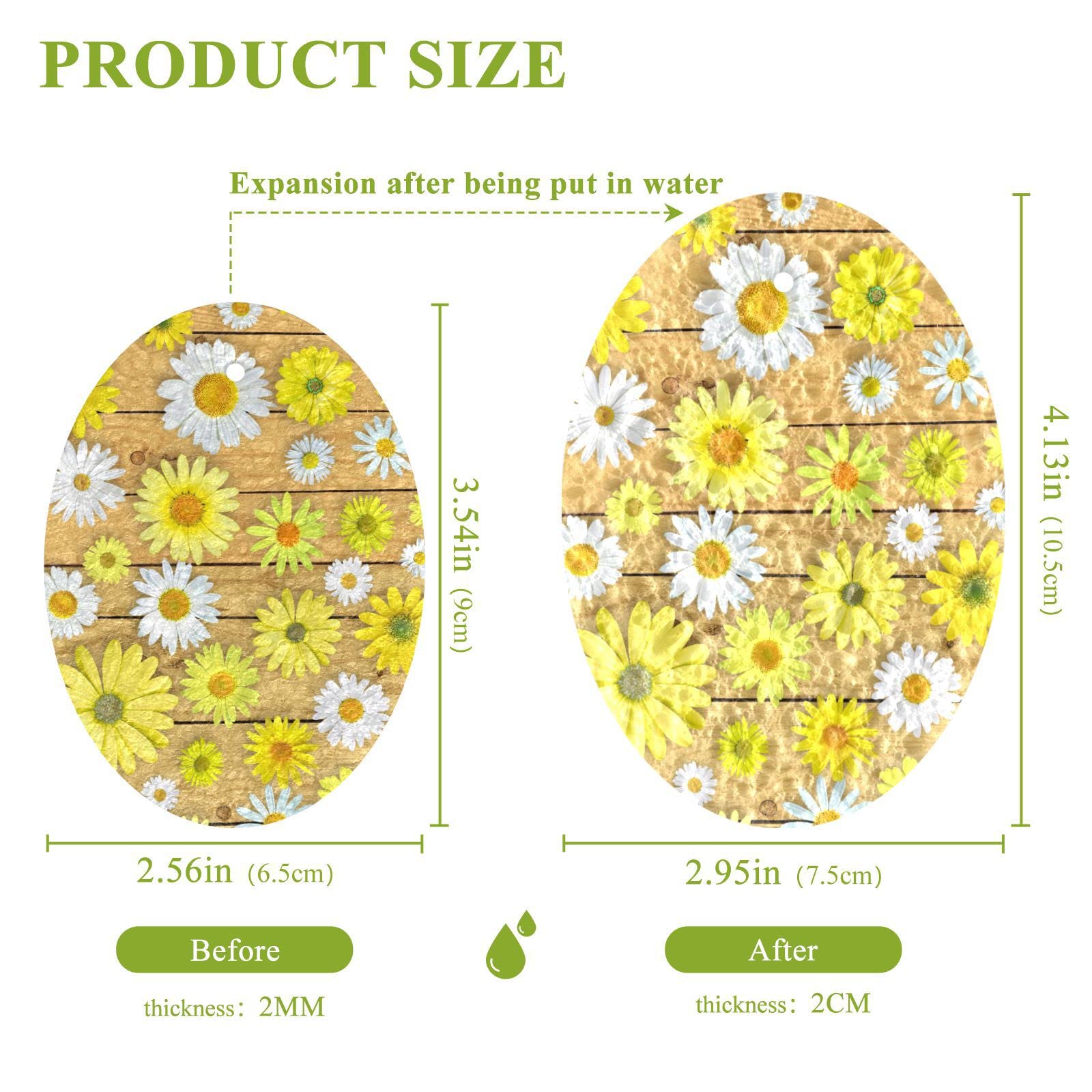 Kcldeci 3 Pack Kitchen Dish Scrub Sponge Pads - Yellow Daisy Design on Brown Wooden Scrubber, Durable Dishwashing Sponges for Household Cleaning, Perfect for Kitchen Sinks and Countertops