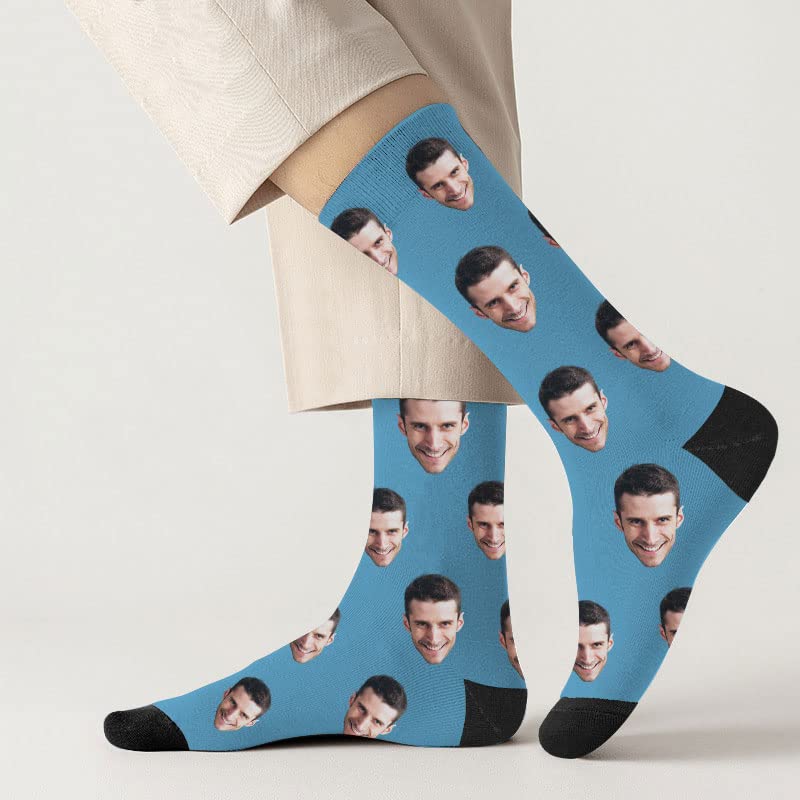 Custom Photo Printed Socks for Men & Women - Personalized Novelty Face Socks (Light Blue, Large) | Perfect Gift for Birthdays, Christmas & Couples Matching