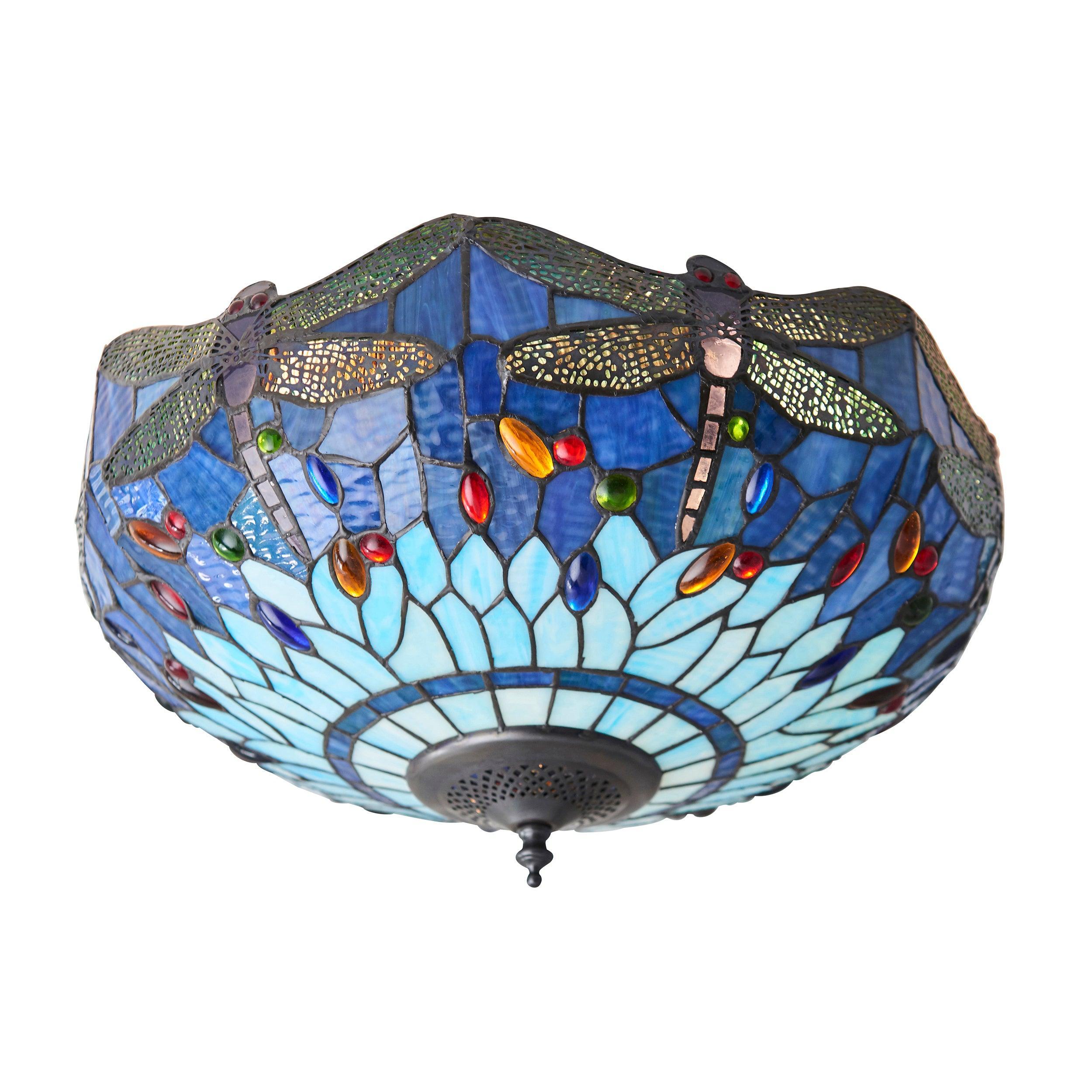 Blue Dragonfly Tiffany Style Flush Mount Ceiling Light - Elegant Vintage Stained Glass Fixture for Dining Room, Bedroom or Living Room