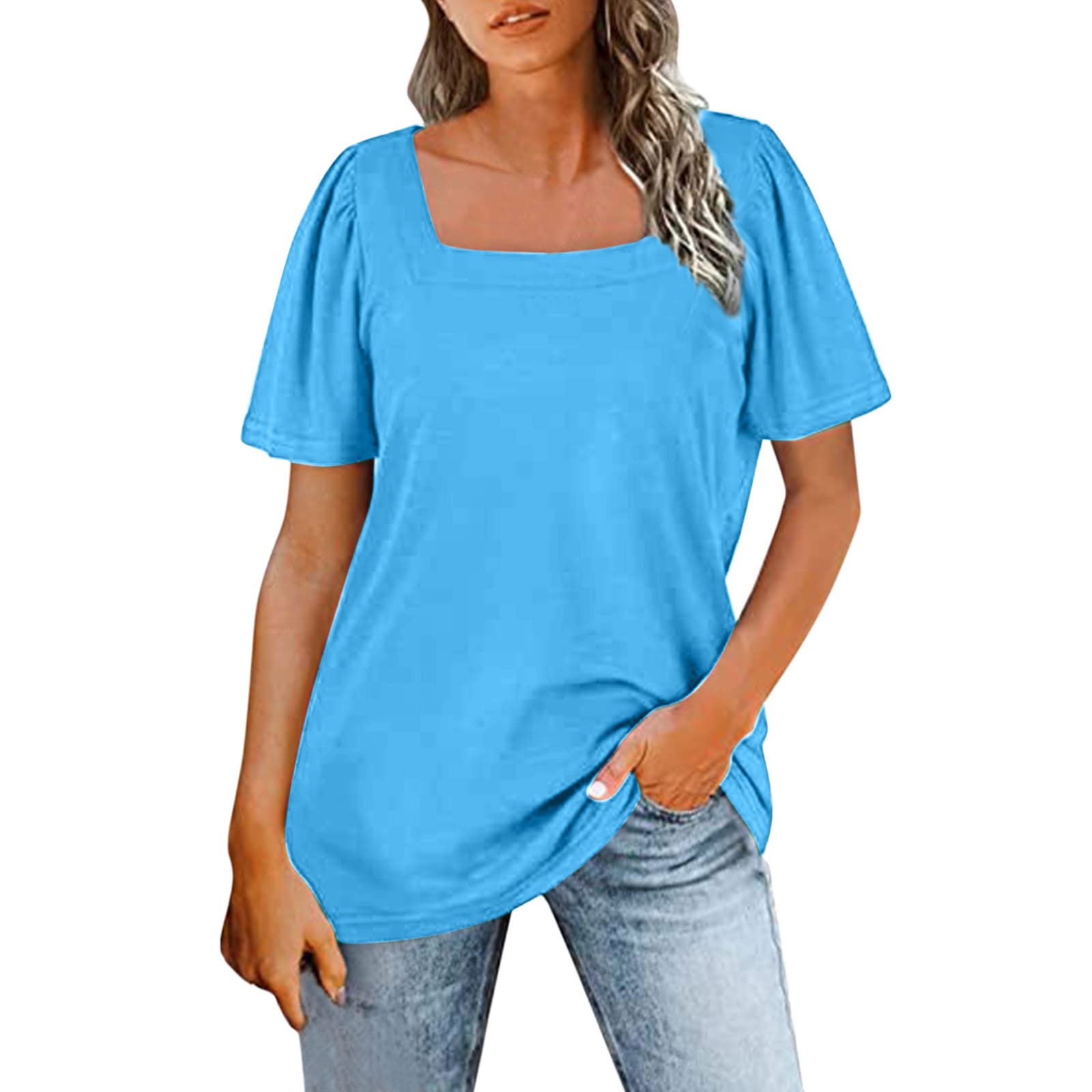 Women's Casual Solid Color Puff Short Sleeve T-Shirt - Loose Fit Rectangle Neck Blouse for Everyday Wear, Work & Summer Outfits