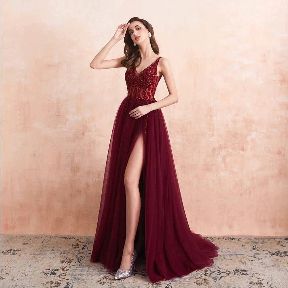 Elegant Sexy Dark Burgundy V-Neck Crystal Beaded Formal Prom Gown for Women - Perfect for Evening Parties, Weddings & Special Occasions