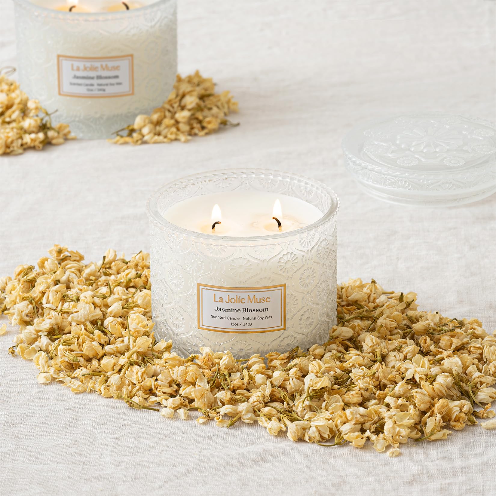 LA JOLIE MUSE Jasmine Scented Candle - 12oz Luxury 2-Wick Soy Candle for Home, 60 Hours Long Burning, White Decorative Candle - Perfect for Mother's Day Gifts, Relaxation & Aromatherapy
