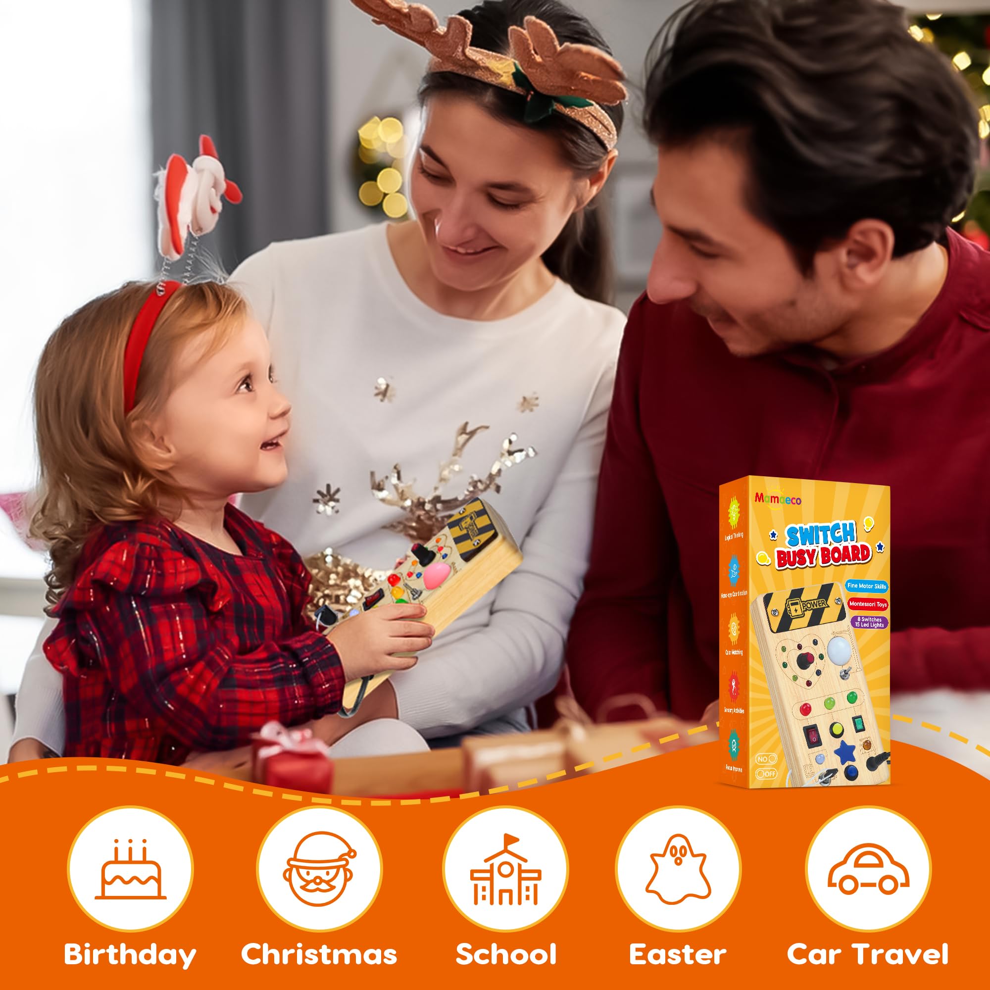 Montessori Wooden Busy Board for Toddlers - 8 Switches & 15 LED Sensory Light Switch Toy, Educational Travel Activity Board for 1+ Year Old Boys & Girls, Perfect for Home, Car, and Classroom Learning