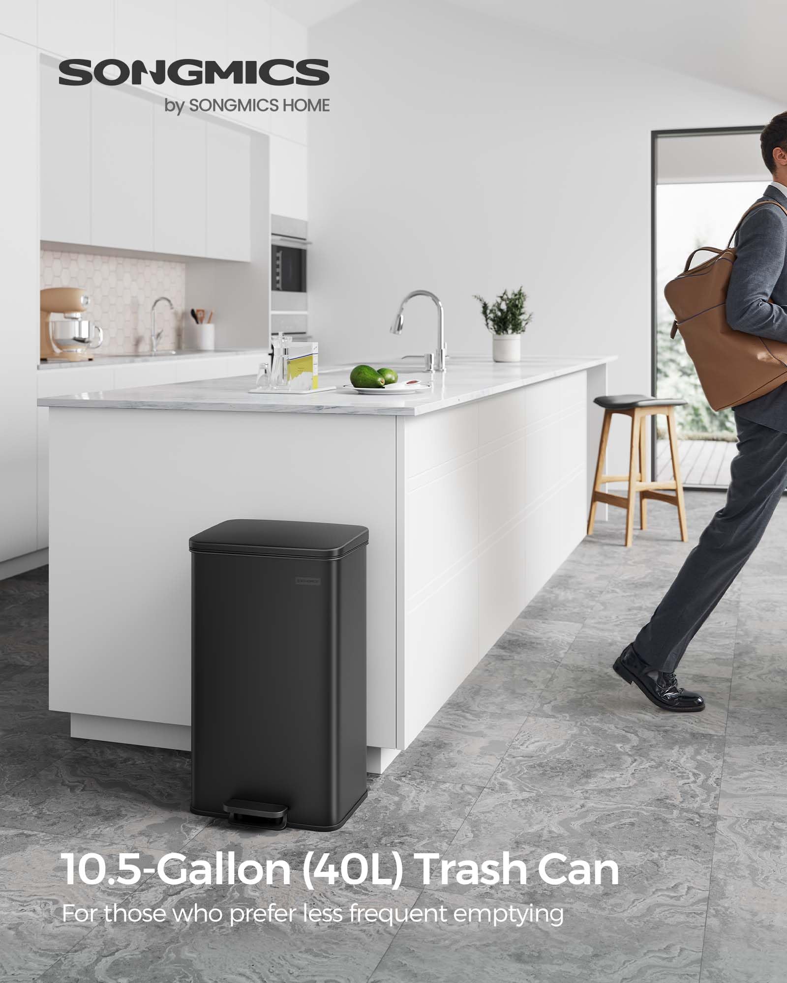 SONGMICS 10.5 Gallon (40L) Stainless Steel Step Trash Can with Soft Close Lid - Large Kitchen Garbage Bin, Includes 15 Trash Bags, Black ULTB540B40 - Perfect for Home, Office, Restaurant & Commercial Use