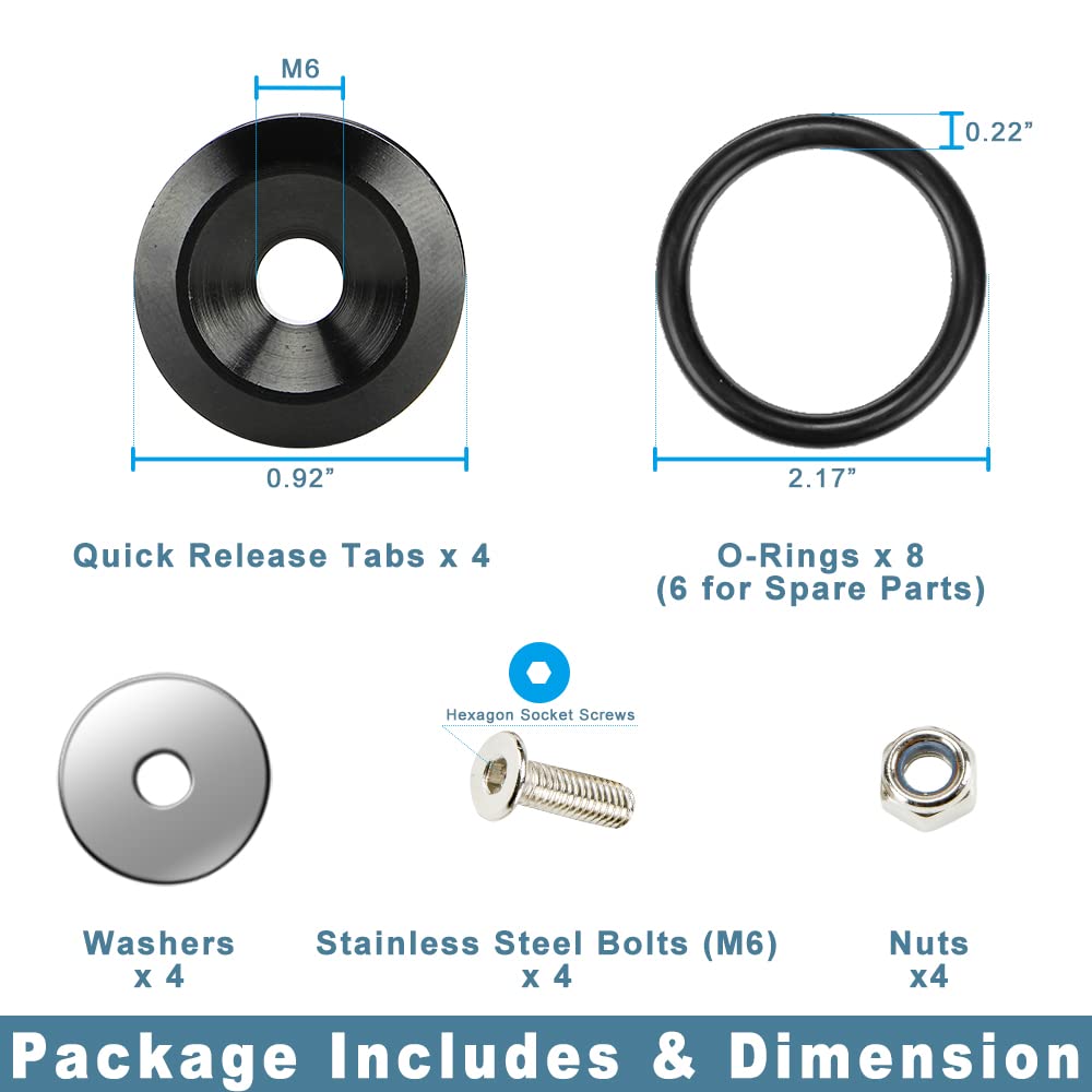 JDM Quick Release Bumper Fasteners Kit - 4 Piece Black Front & Rear Bumper Clips with 8 O-Rings | Universal Car Body Accessories for Easy Bumper Installation & Removal | Perfect for Auto Repair, Custom Builds & Car Shows