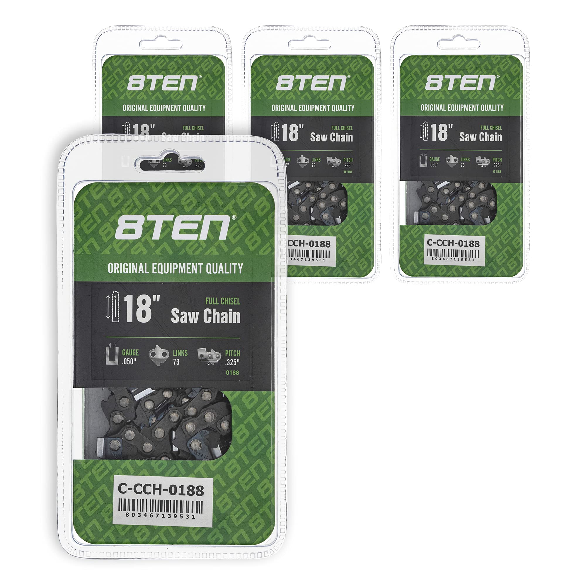 8TEN Full Chisel Chainsaw Chain 18 Inch .050 Gauge .325 Pitch 73DL - 4 Pack Replacement for Homelite 245 Solo 613 632 641 650 - Perfect for Tree Trimming, Firewood Cutting & Landscaping
