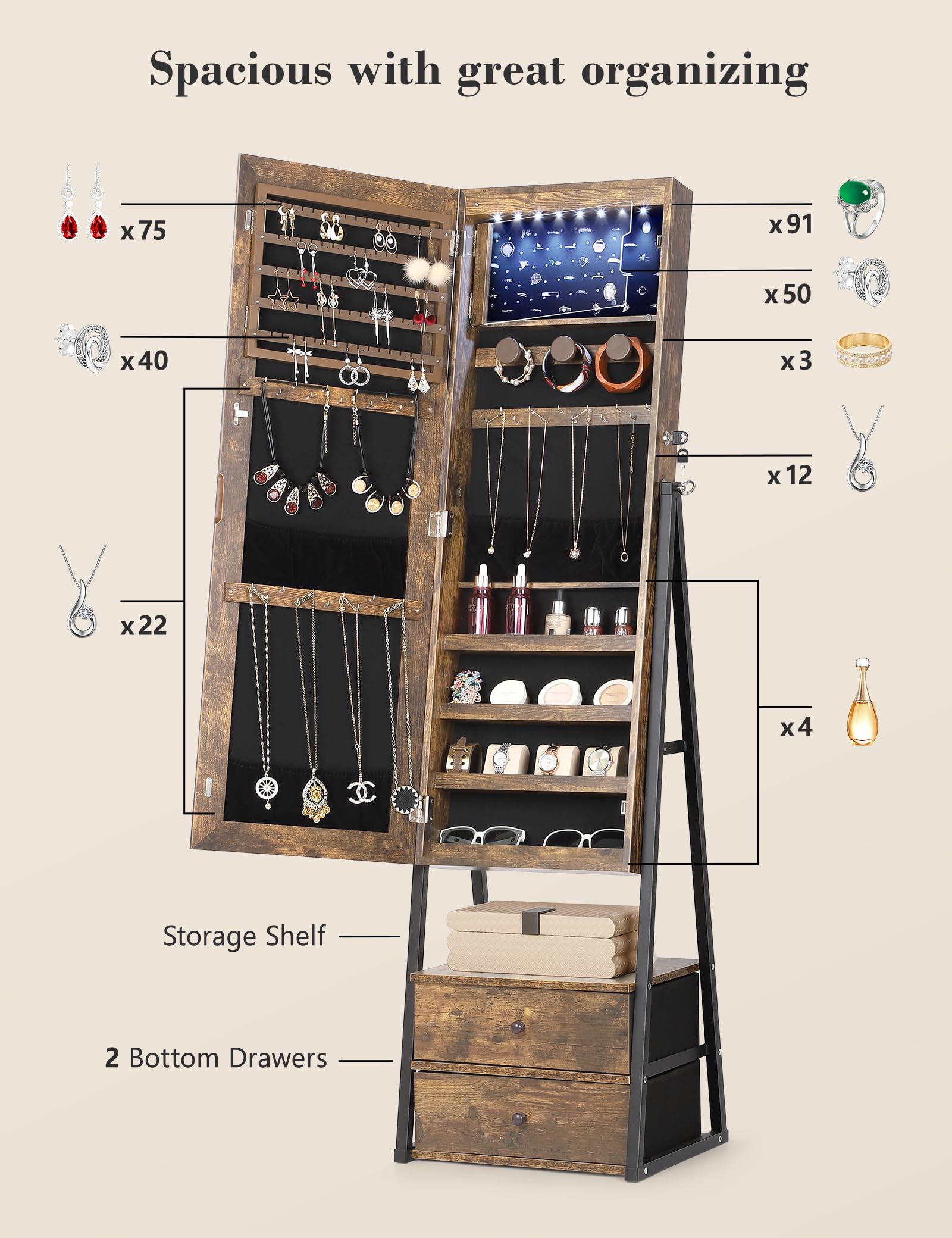 Nicetree Jewelry Cabinet Armoire with 2 Drawers & Lockable Mirror - Full Length Standing Jewelry Storage Organizer in Rustic Brown | Perfect for Bedroom, Dressing Room & Closet Organization