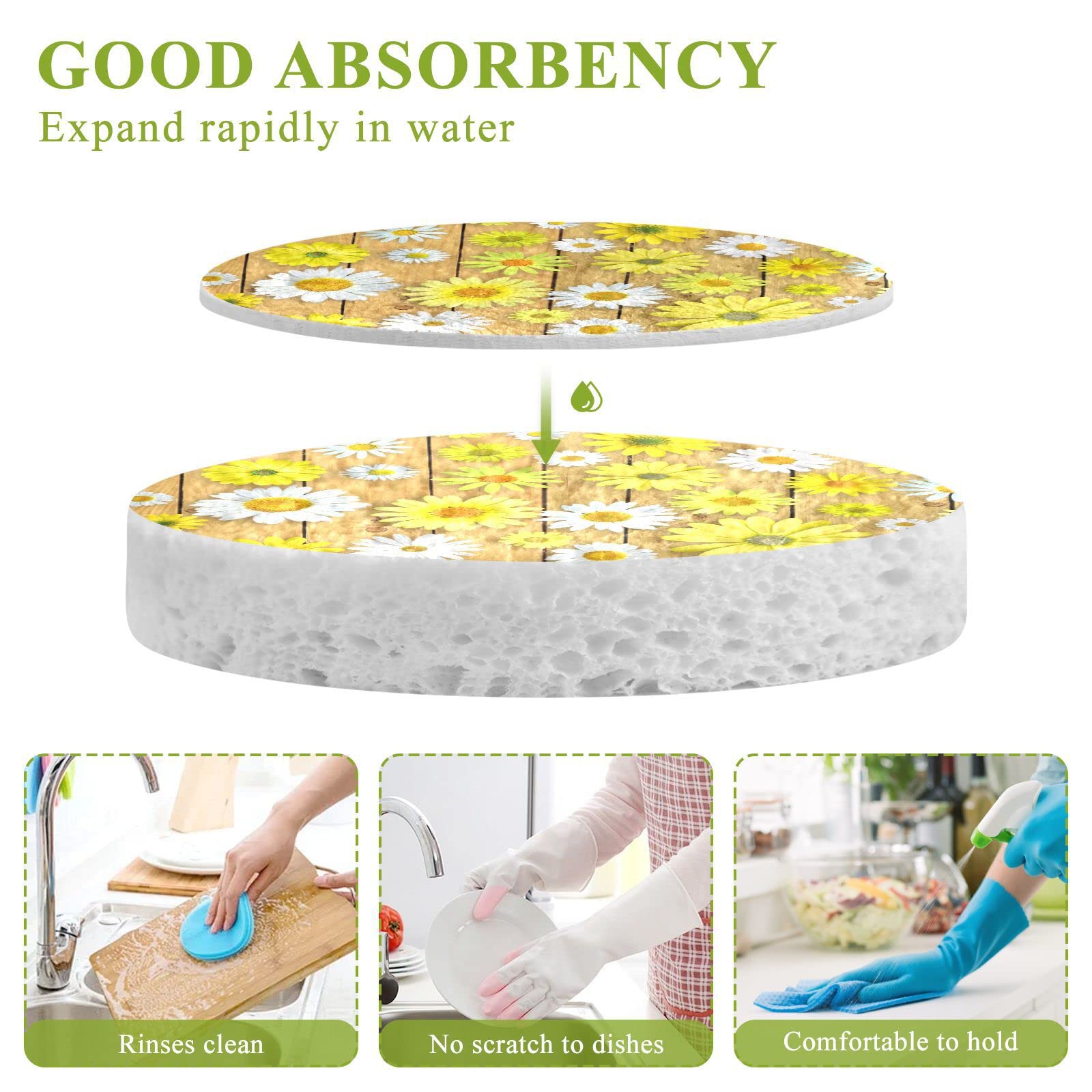 Kcldeci 3 Pack Kitchen Dish Scrub Sponge Pads - Yellow Daisy Design on Brown Wooden Scrubber, Durable Dishwashing Sponges for Household Cleaning, Perfect for Kitchen Sinks and Countertops