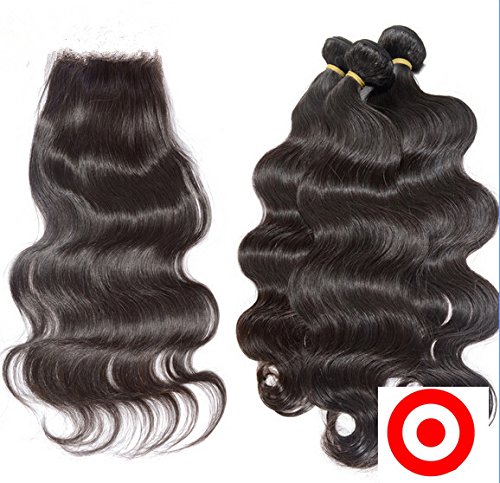 DaJun Hair 7A Free Part Lace Closure with 3 Bundles Brazilian Virgin Remy Human Hair - Body Wave Natural Color 14