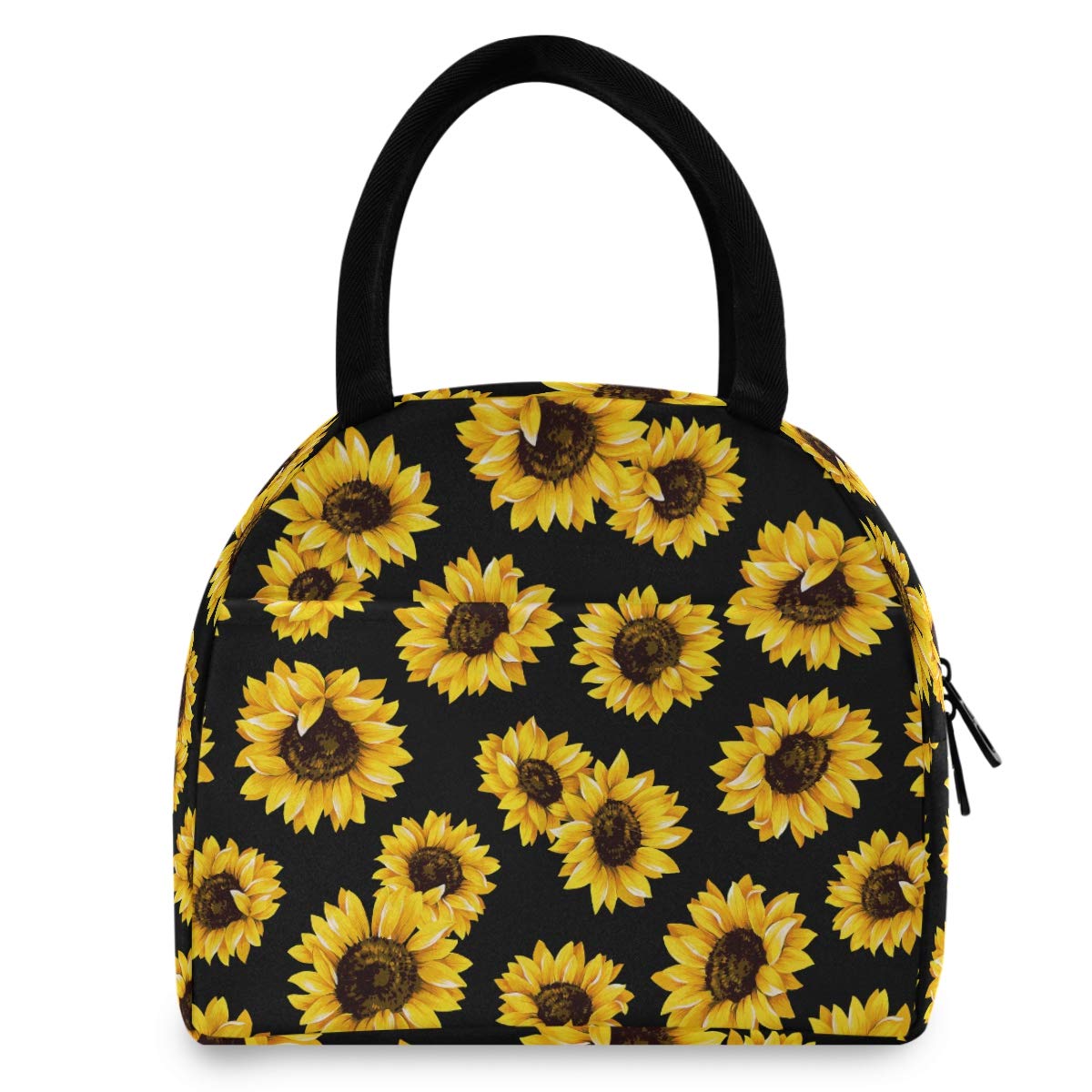 Insulated Leakproof Lunch Bag for Women & Men - Black Sunflower Design, Wide-Open Lunch Box for Work, Office, School & Picnic | Perfect for Meal Prep, Commuting & Outdoor Activities