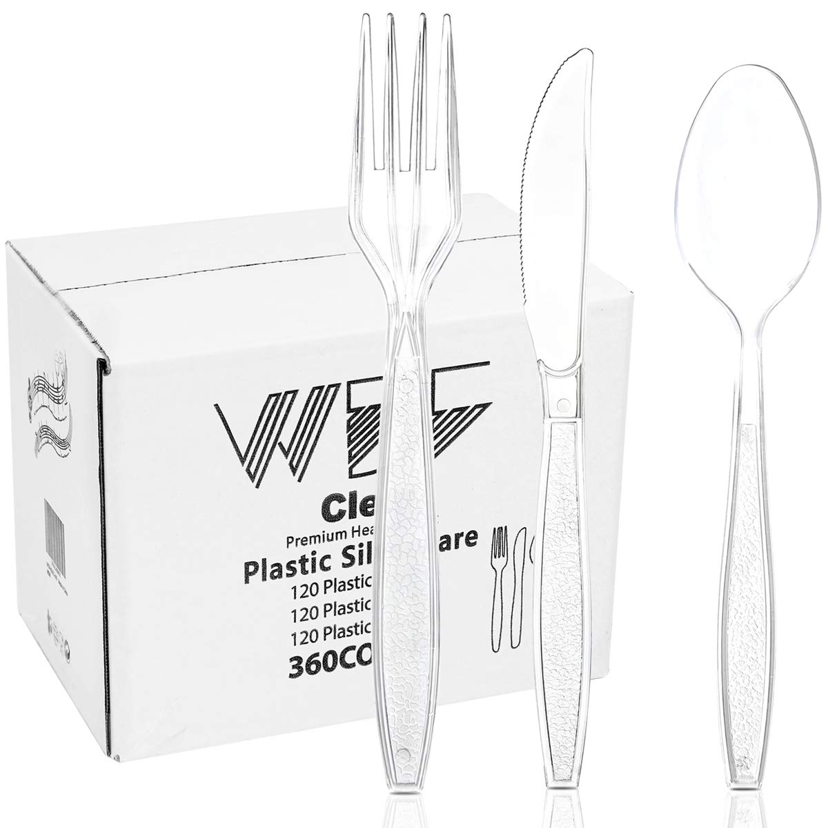 360-Piece Clear Plastic Silverware Set - Disposable Cutlery for Parties (120 Forks, 120 Spoons, 120 Knives) - Perfect for BBQs, Picnics & Catering Events