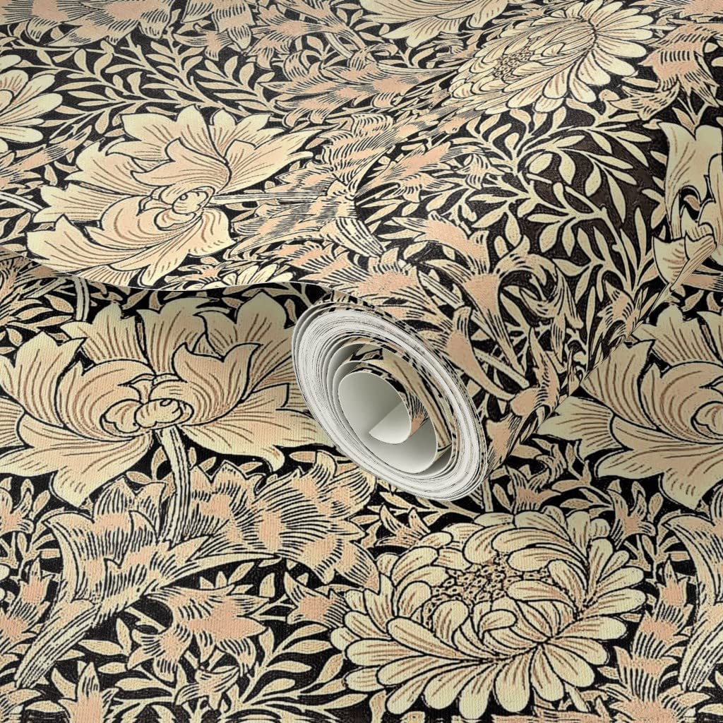 Peel & Stick Wallpaper 9ft x 2ft - Wood Brown Floral Beige Daisy Nouveau Chrysanthemum Pattern | Removable Self-Adhesive Wallpaper for Bedroom, Living Room & Nursery Decor | Easy DIY Home Improvement