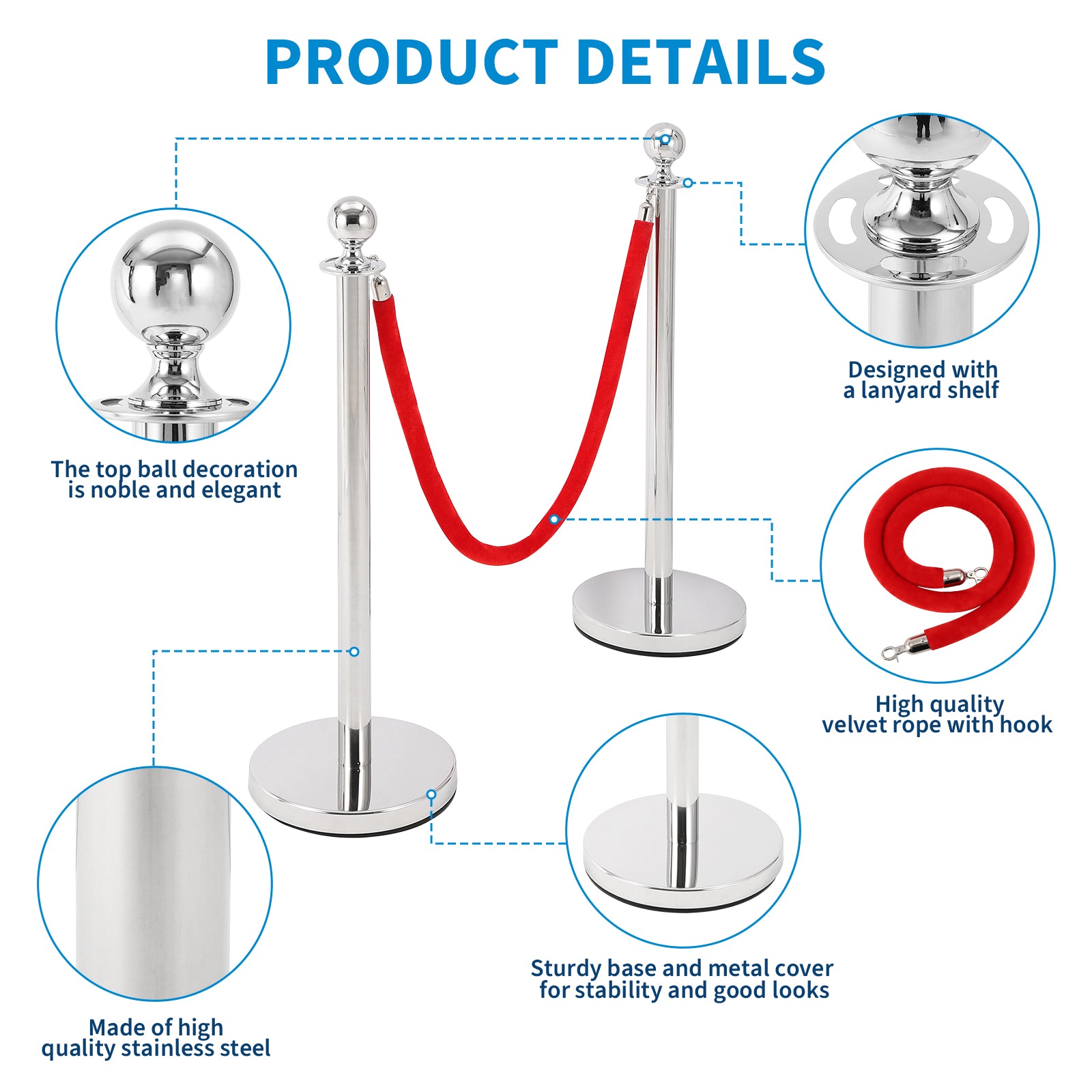 GARVEE 4-Pack Silver Stanchion Posts with 6.6ft Red Velvet Rope - Stainless Steel Crowd Control Barriers with Ball Top & Fillable Concrete Base - Perfect for Events, Parties, and Queue Management