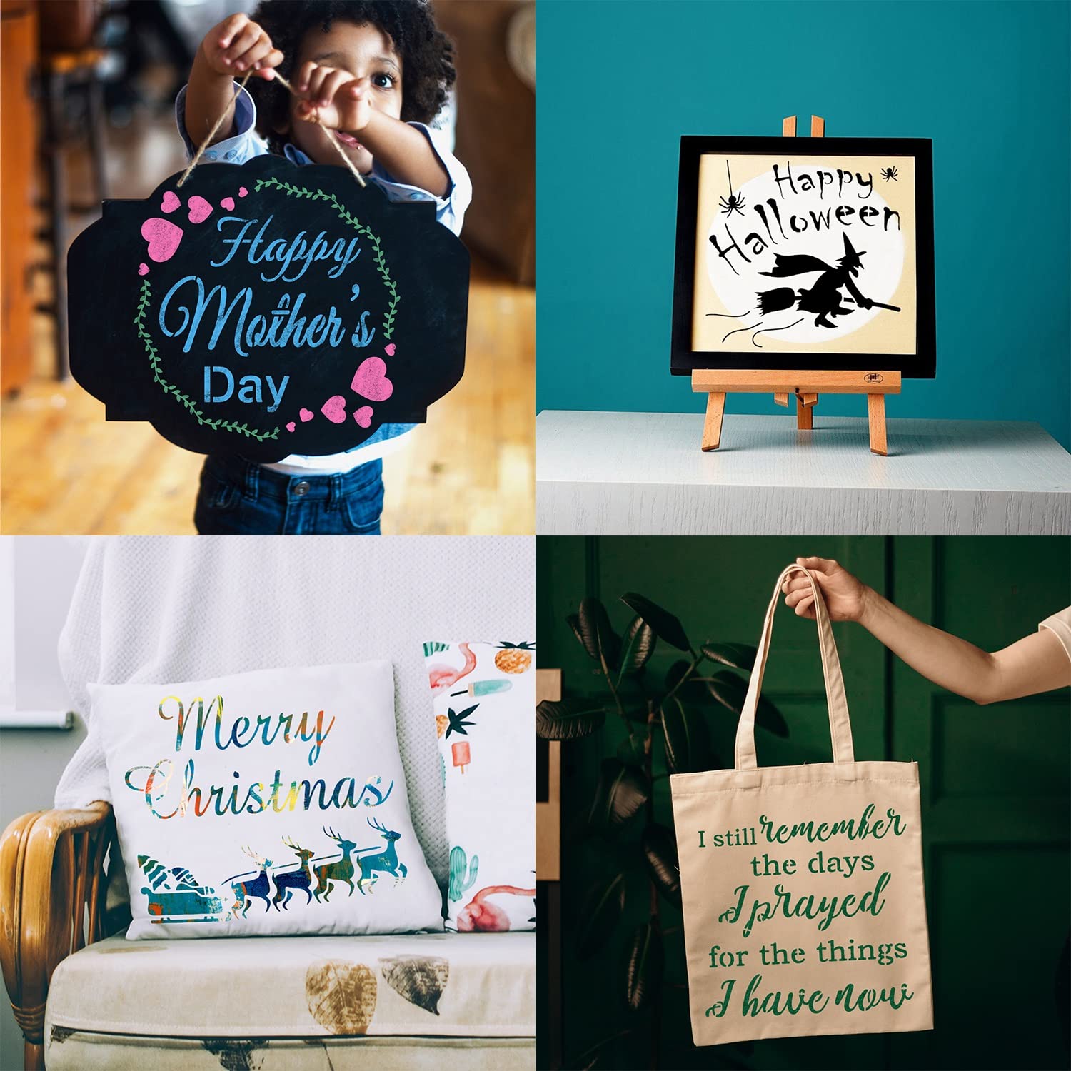 16-Piece Reusable Seasonal Home Sign Stencils Kit - 5.9 Inch Holiday Word Templates for Painting on Wood, Walls, Doors - Perfect for Christmas, Halloween & Fall Decorations DIY Projects