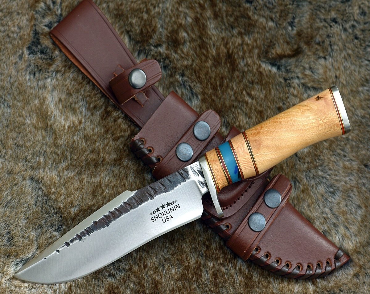 Premium Damascus Steel Bowie Knife with Exotic Leopard Wood Handle - Hunting, Camping & Outdoor Survival Essential