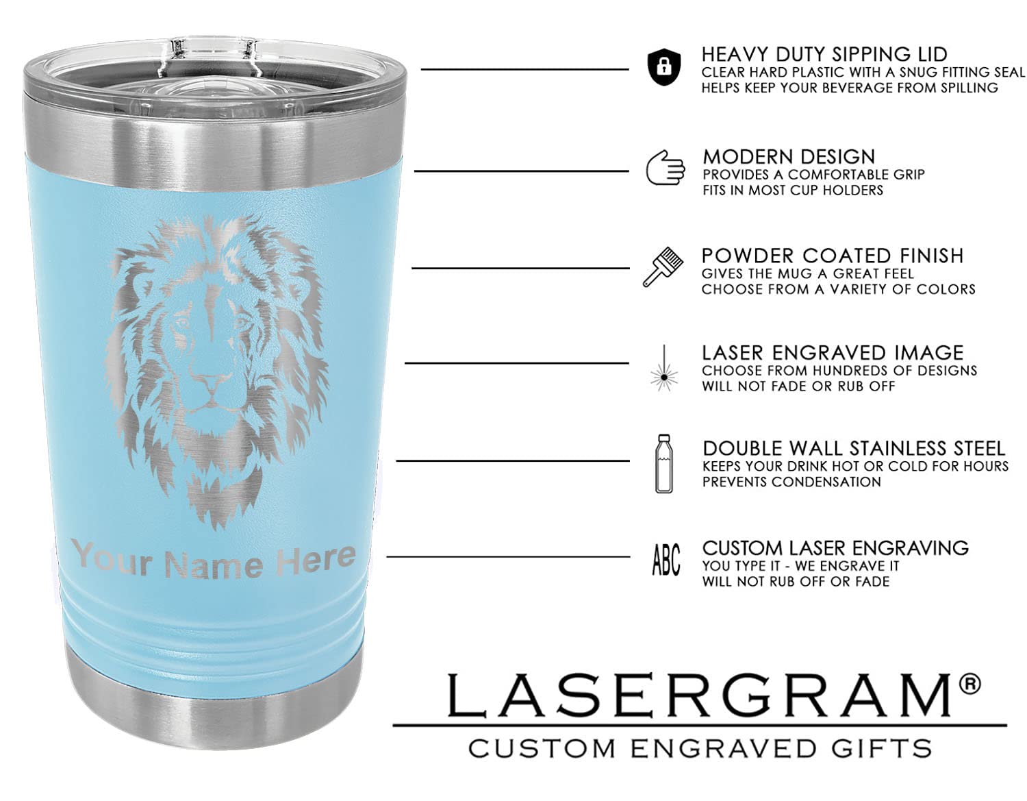 LaserGram 16oz Vacuum Insulated Stainless Steel Tumbler with Lid - Personalized Engraved Killer Whale Design in Light Blue - Keeps Drinks Hot/Cold for Hours - Perfect for Coffee, Tea, Beer & Outdoor Activities