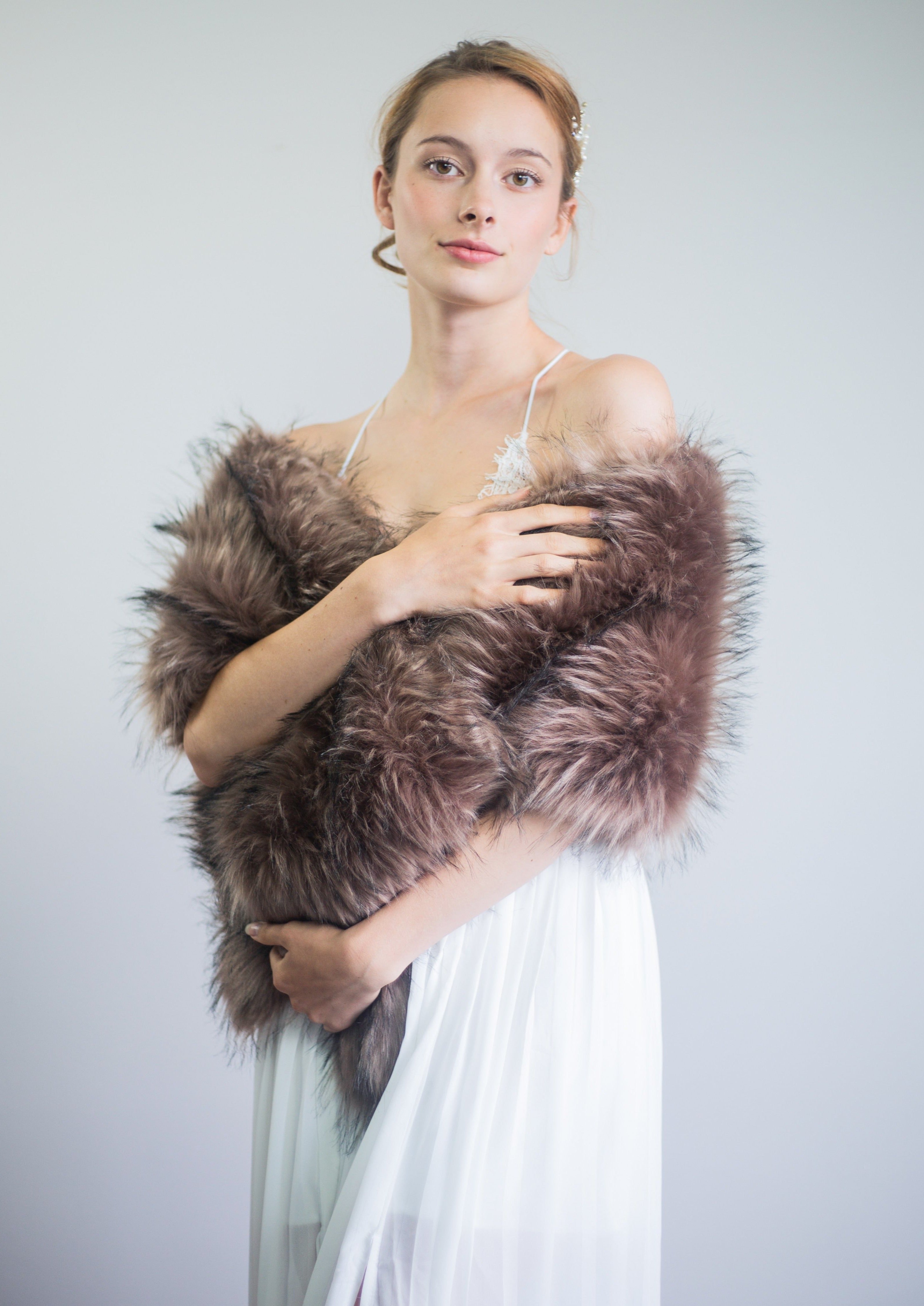 Brown Fur Shawl for Women - Soft & Warm Winter Wrap - Elegant Lilian Brw02 Shawl for Parties, Weddings & Cold Weather Fashion