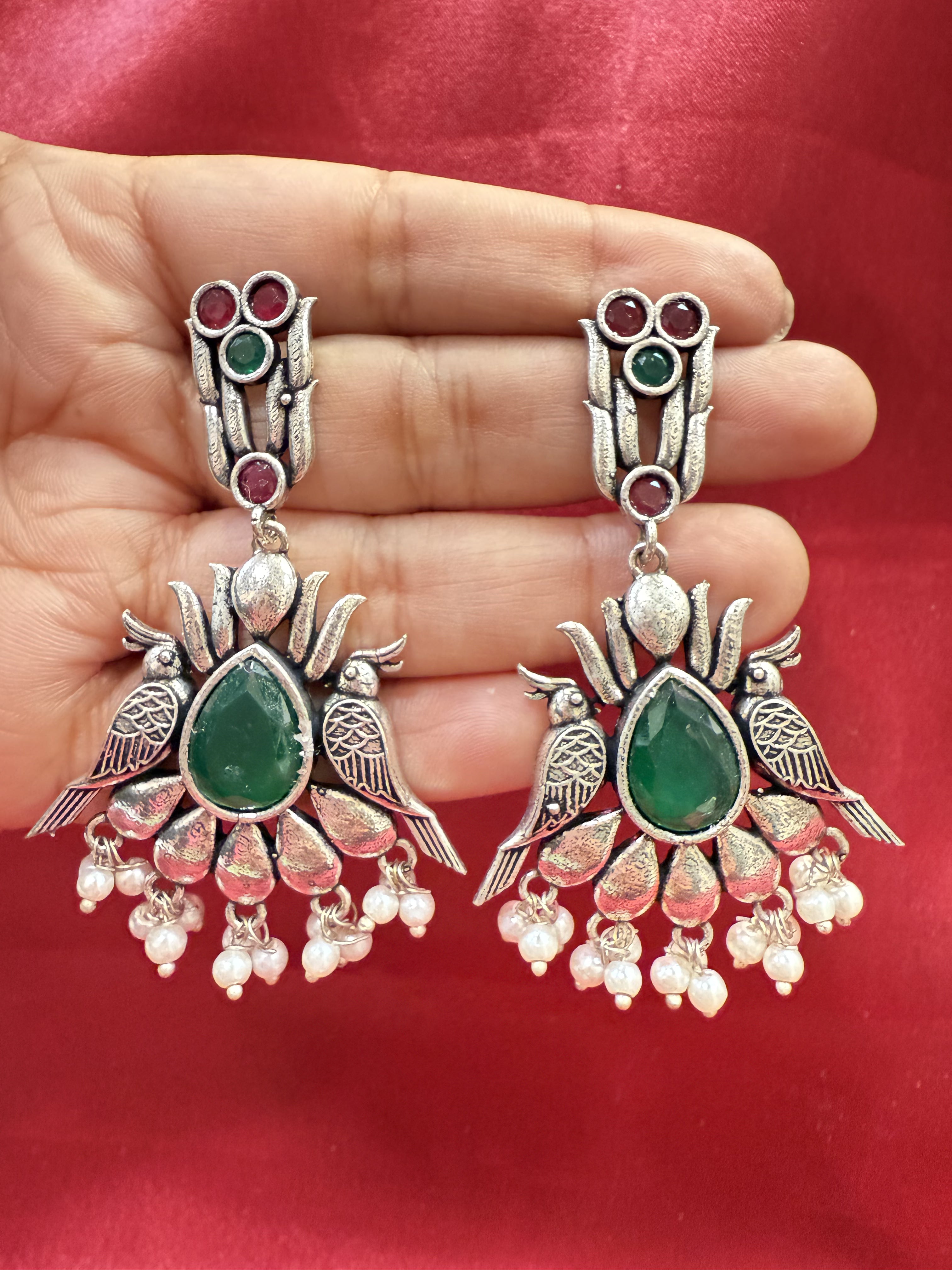 Exquisite Dark Green & Magenta Stone Beaded Bird Design Oxidized Earrings for Women | Boho Chic Jewelry Gift for Parties, Weddings & Special Occasions