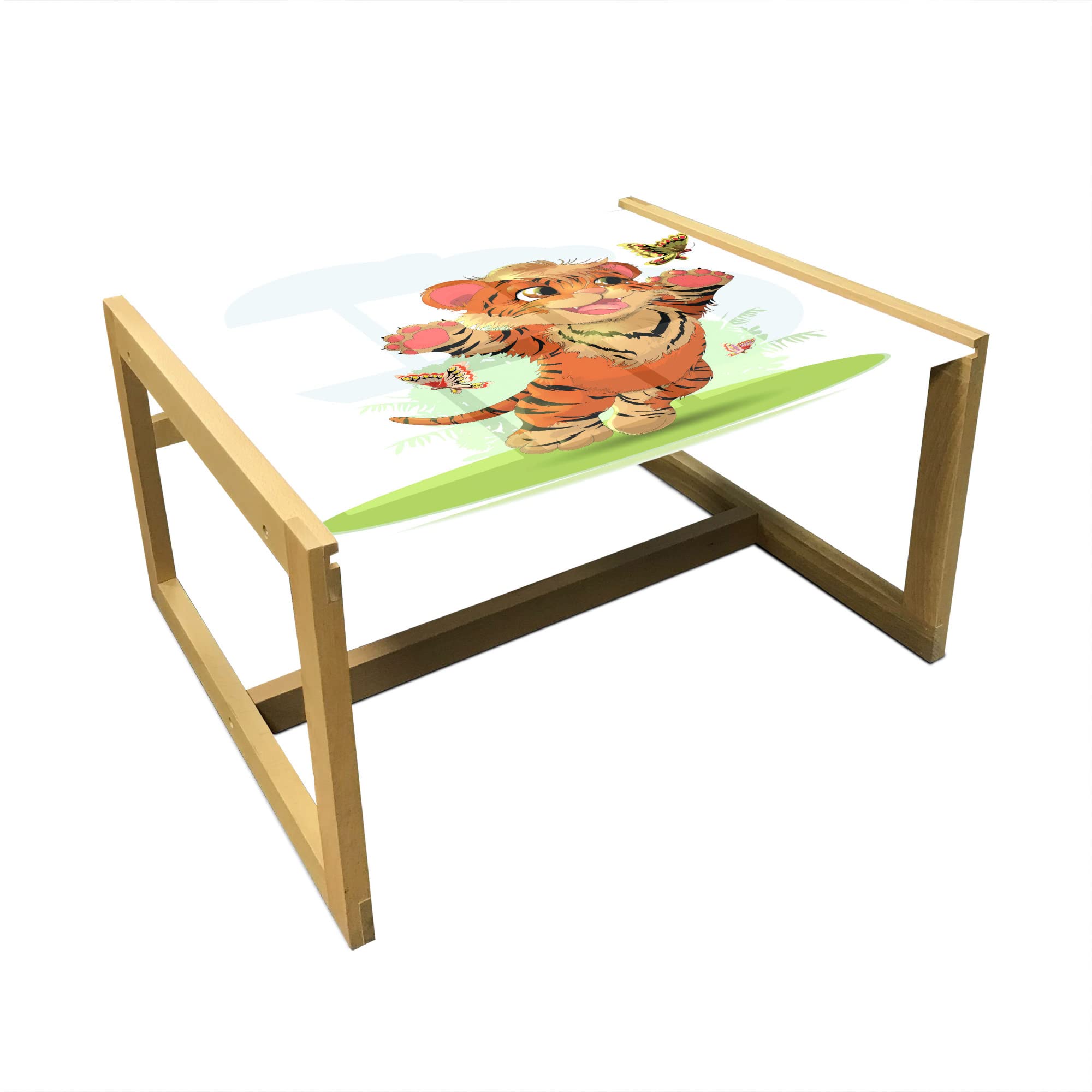 Playful Tiger Cat Coffee Table - Wooden Frame, Acrylic Glass Top for Office & Dorm Decor