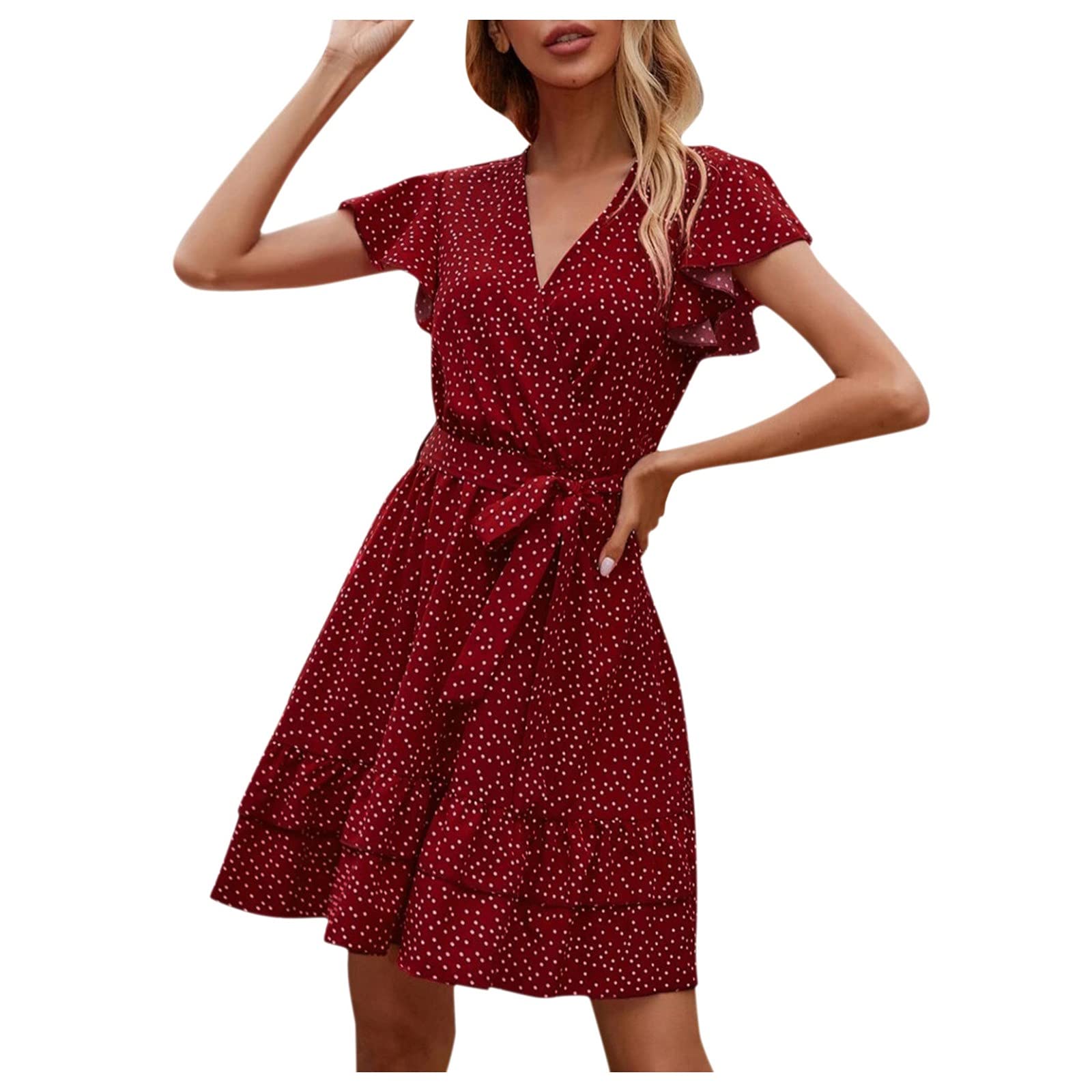 Elegant V-Neck Ruffled Casual Dress for Women 2024 - Flowy Wave Hem Summer Dress for Date Night, Office Wear & Special Occasions