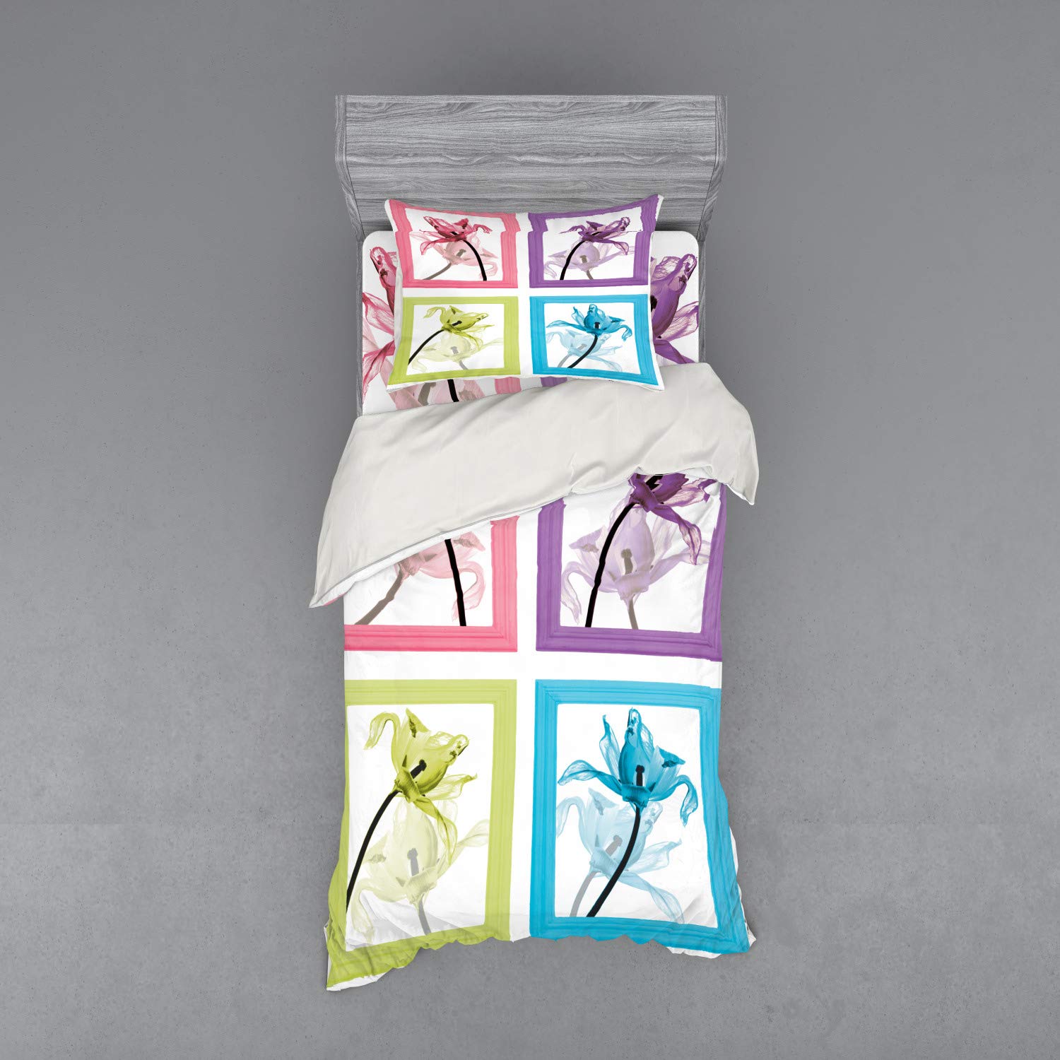 Ambesonne Floral Bedding Set - 3 Piece Duvet Cover with Sham & Fitted Sheet, Twin Size, Abstract Square Frame Flower Design, Multicolor | Perfect for Guest Rooms, Dorm Decor & Bohemian Bedroom Style
