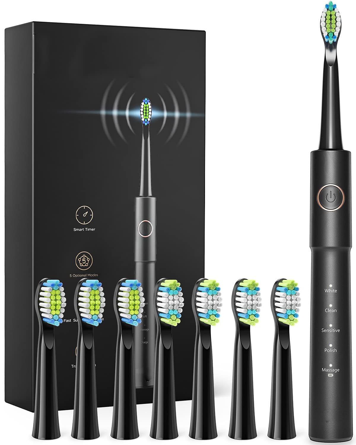 NINICE Sonic Electric Toothbrush for Adults & Kids - Rechargeable Toothbrush with 8 Brush Heads, 5 Cleaning Modes, 2-Minute Timer, 30-Day Battery Life (Black) - Perfect for Family Oral Care & Travel