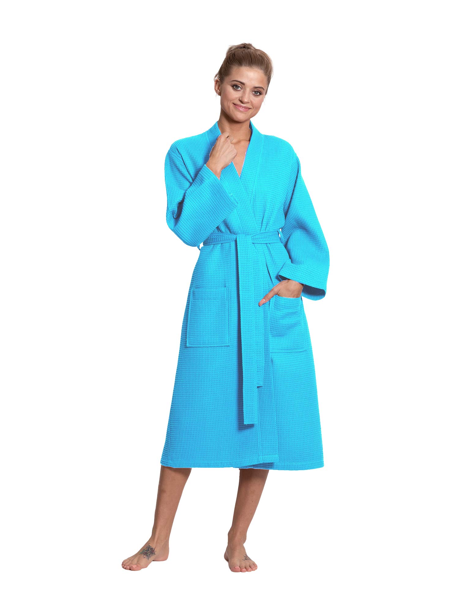 Premium Turquoise Linen Cotton Blend Lightweight Long Waffle Kimono Robe for Women - Soft Bathrobe & Spa Robe for Relaxation, Lounge Wear, and Beach Cover-Up