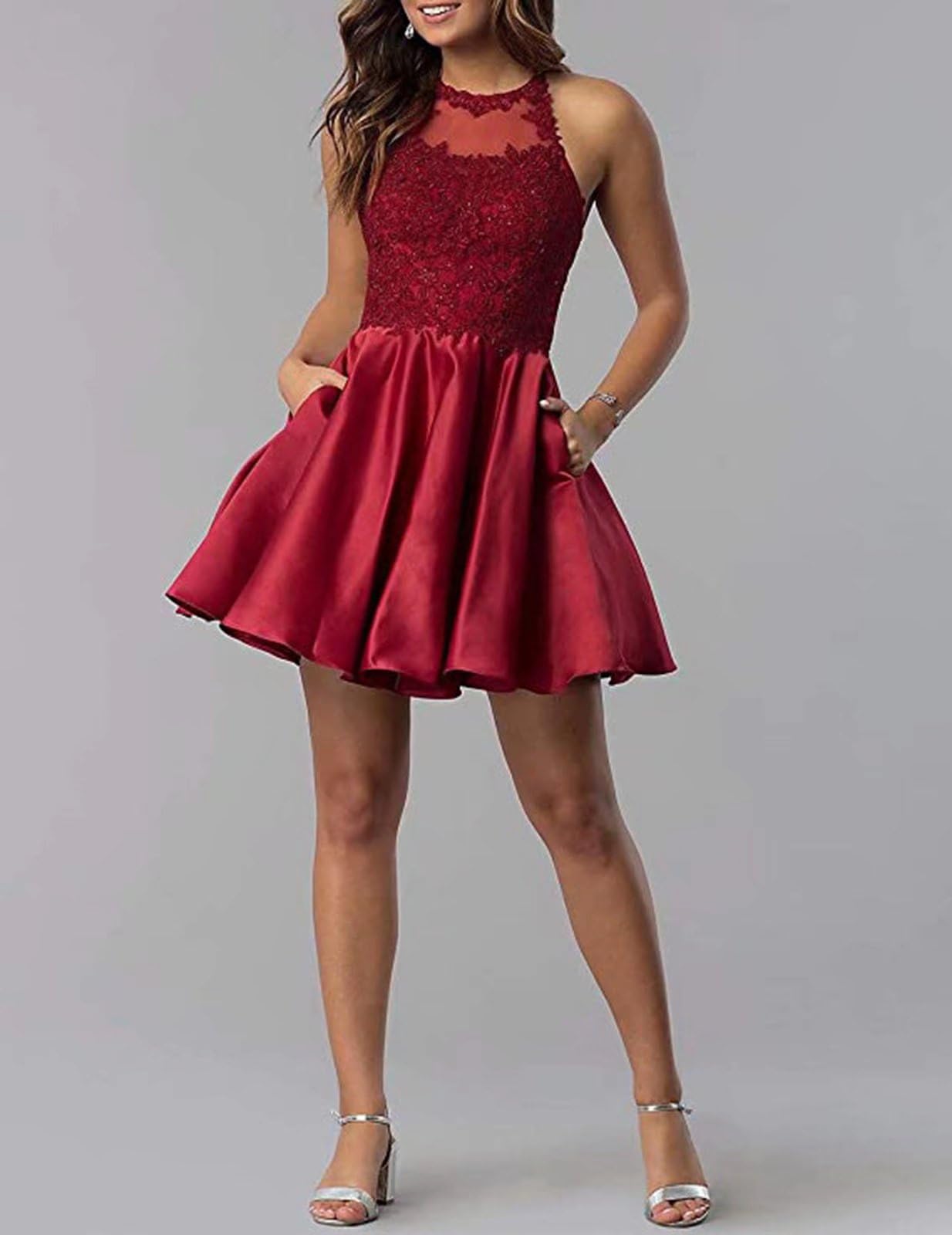 Elegant Women's Homecoming Dresses - Satin Cocktail Party Dresses with Pockets for Teens, Halter Neck Applique Lace Short Prom Dresses | Perfect for Homecoming, Prom Night, Cocktail Parties & Special Occasions
