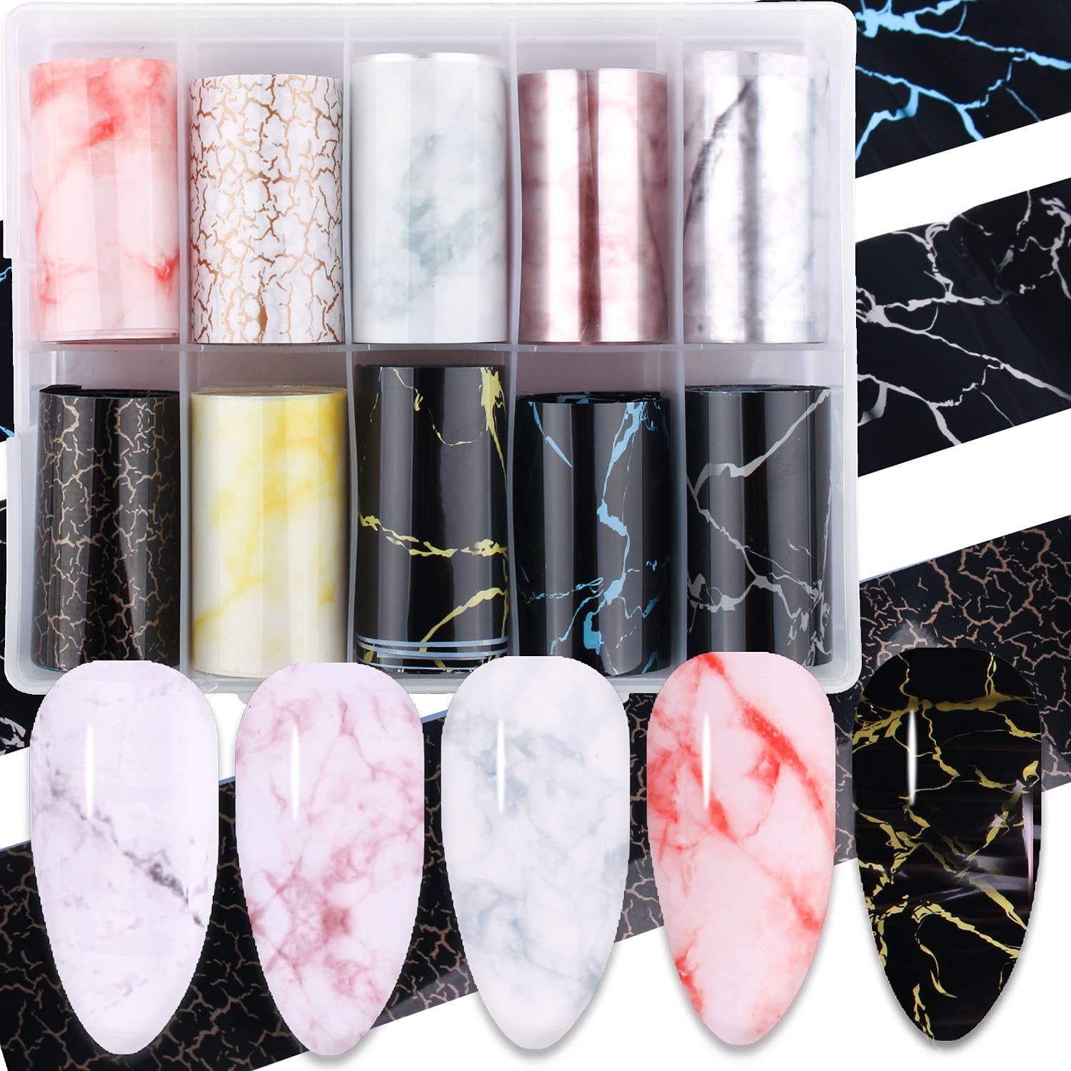 WOKOTO 10 Rolls Marble Nail Foils Kit - Self-Adhesive Nail Art Stickers for Women, Salon & Home Manicure | Water Transfer Decals for Gel Polish, Acrylic Nails & DIY Nail Designs
