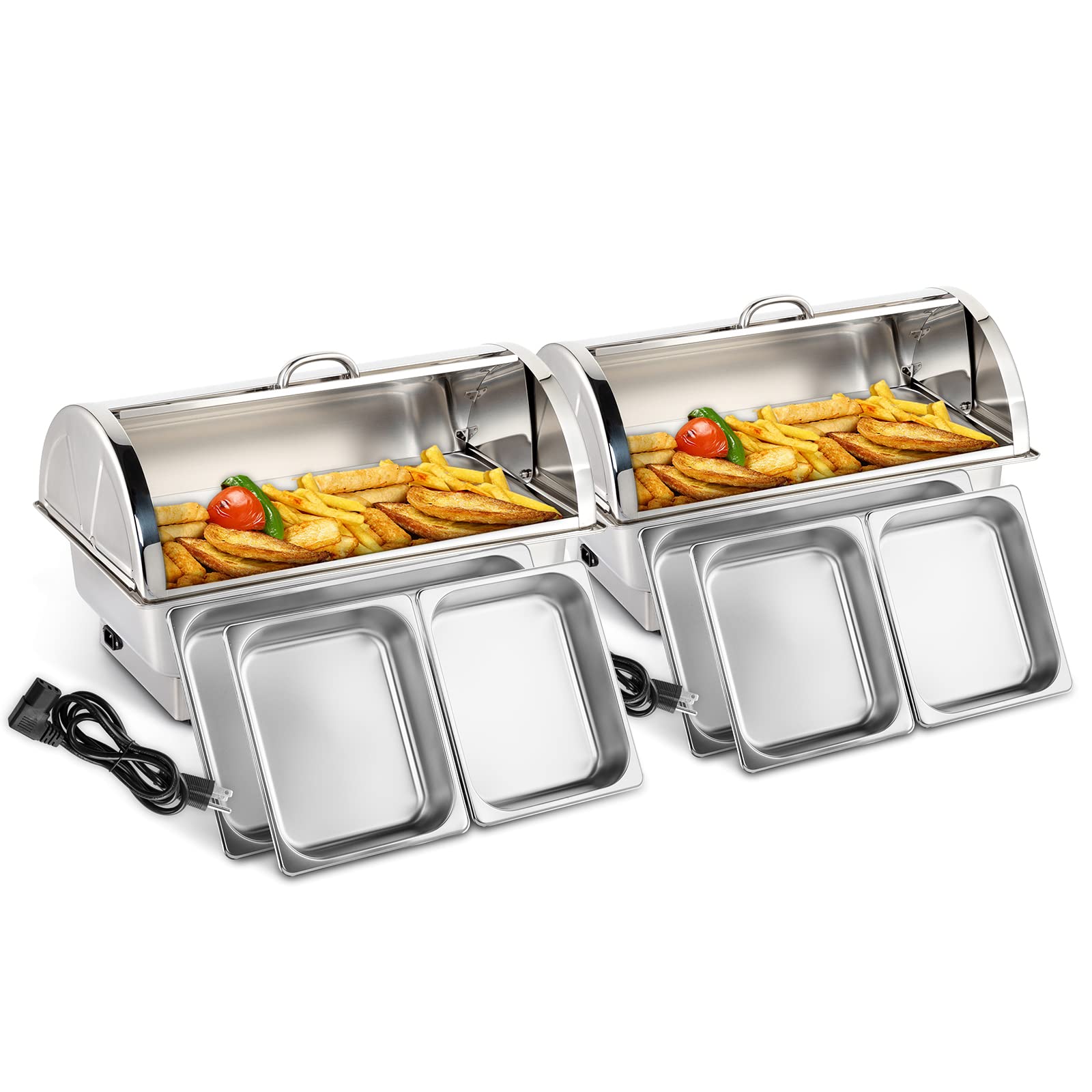 ROVSUN 2 Pack 9 QT Electric Buffet Chafing Dishes Set - NSF Certified Stainless Steel Roll Top Catering Food Warmer with Lid - Includes 2 Detachable Pans for Party, Wedding, Banquet & Catering Events - Perfect for Buffet Serving, Catering Business, and Home Entertaining