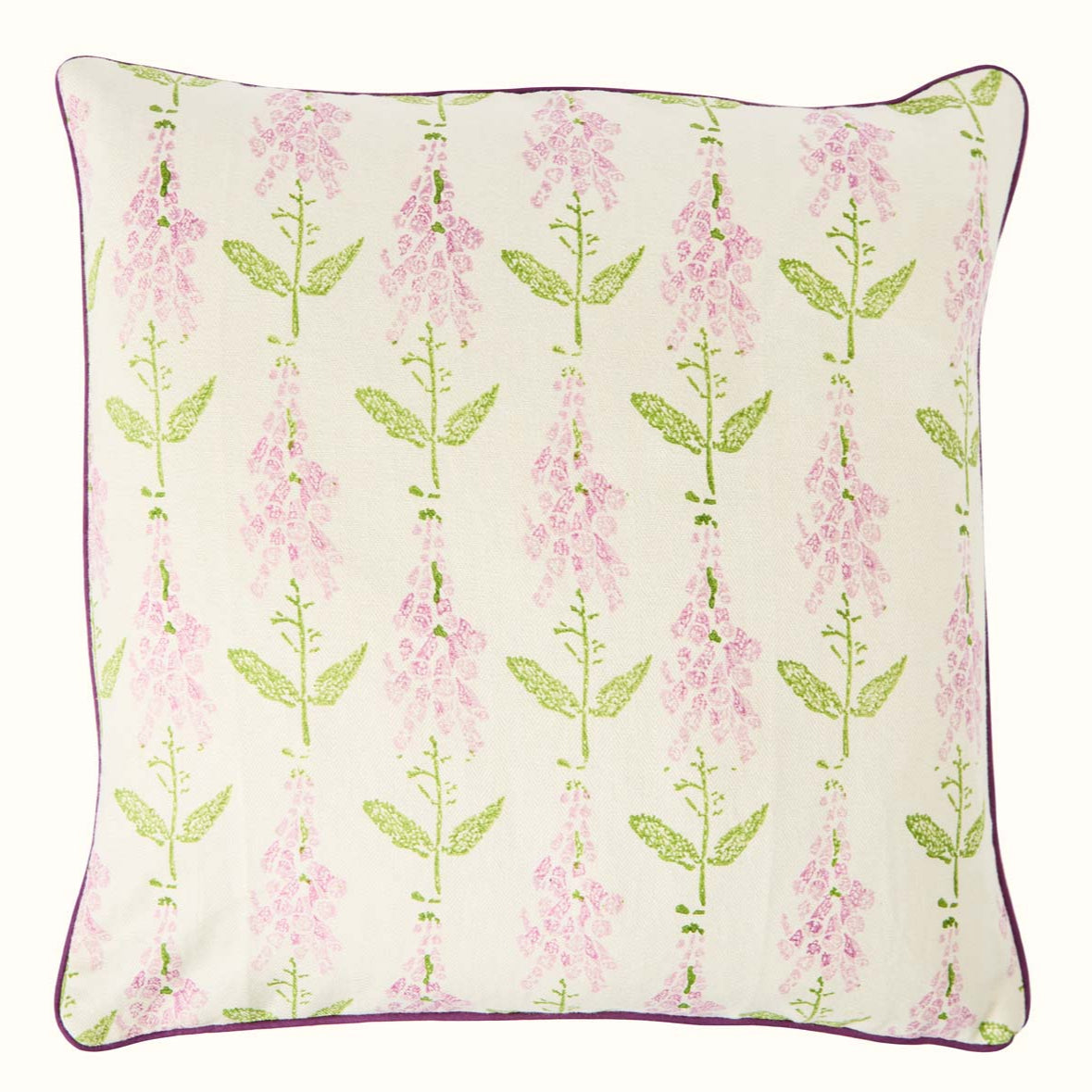 Hand Block Printed Foxglove Cushion Cover - Lilac Floral Design for Sofa, Bed & Home Decor - Boho Chic Throw Pillow Case for Living Room, Bedroom & Nursery