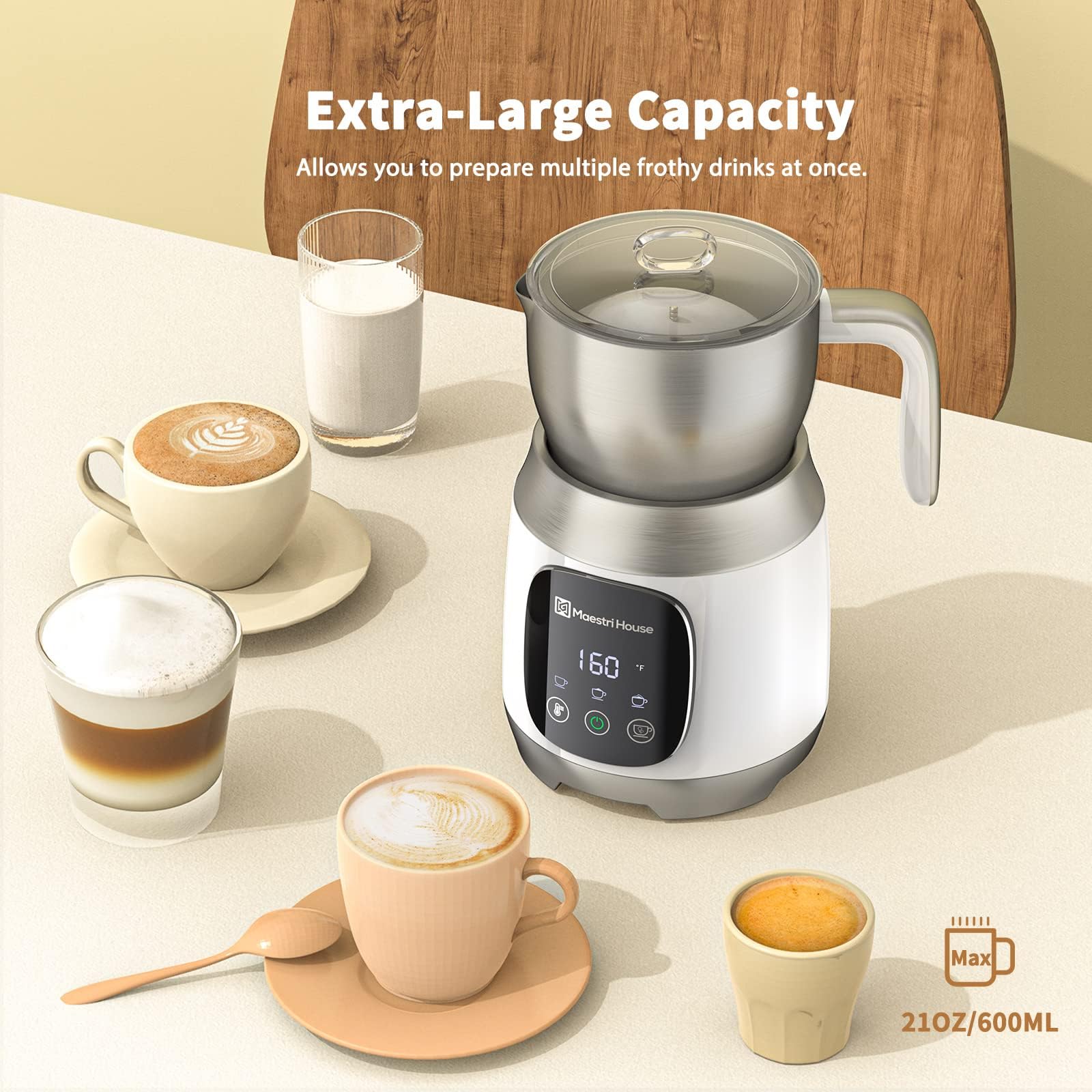 Maestri House Electric Milk Frother and Steamer - 21OZ/600ML Variable Temperature Control with Smart Touch, Adjustable Froth Thickness for Latte, Cappuccino & Hot Chocolate - Dishwasher Safe with Memory Function - Perfect for Home Coffee Bars, Office Use & Gift Giving