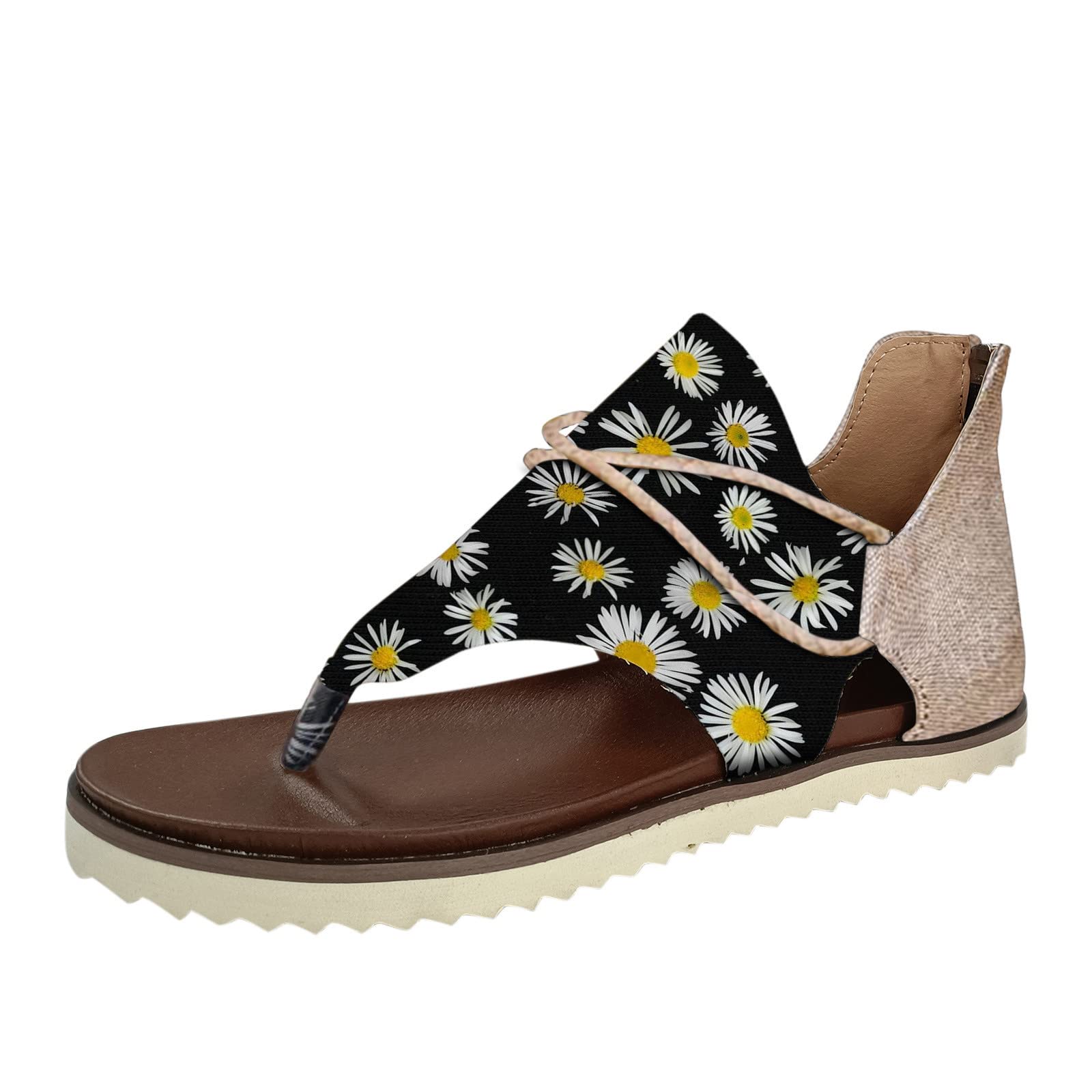EnJoCho Women's Casual Wedge Sandals - Fashion Canvas Daisy Sunflower Print Flat Sandals with Zipper | Perfect for Summer Outfits, Beach Vacations & Everyday Comfort