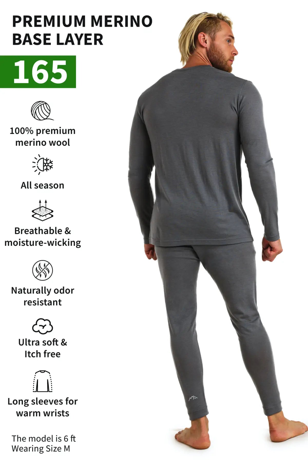 Men's Merino Wool Thermal Underwear Set - 165 Perfect Grey - Base Layer for Winter, Skiing & Outdoor Activities