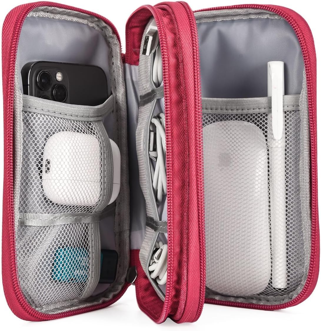 Waterproof Electronic Organizer Travel Bag for Power Bank, Charging Cords & USB Cables - Portable Cable Accessories Case (Rose Red) - Perfect for Travel, Office & Daily Organization