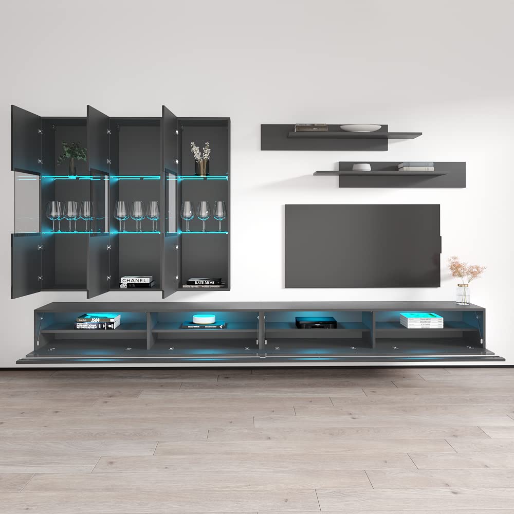 Modern Wall-Mounted TV Stand with Storage Shelves & LED Lights - Fly E 35 Entertainment Center for Living Room & Bedroom - Space-Saving Floating TV Console with Adjustable Shelves (E2, Gray) - Perfect for Small Apartments, Dorms, and Home Theater Setups