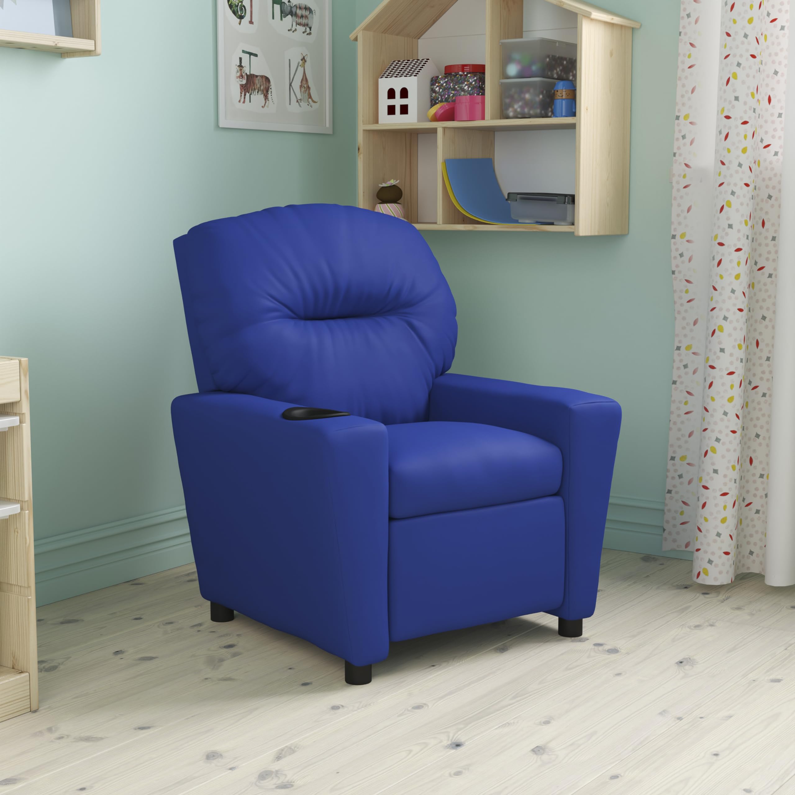 Emma & Oliver Blue Vinyl Kids Recliner Chair with Cup Holder - Comfortable Children's Lounge Chair for Playroom, Bedroom or TV Time